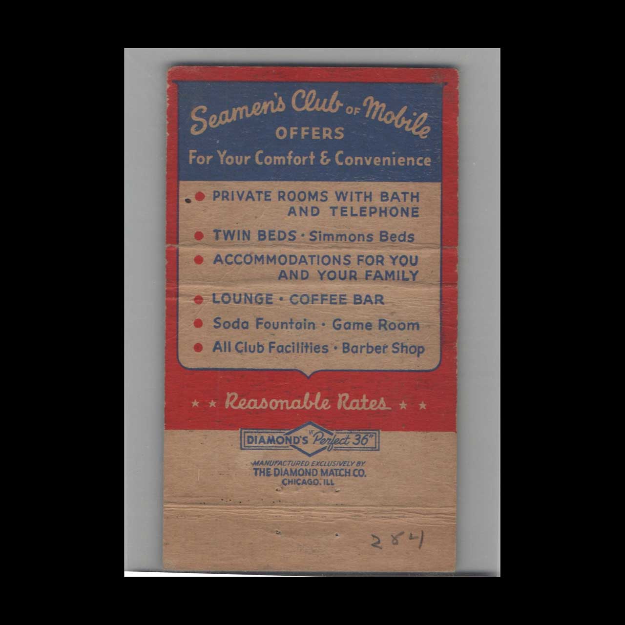Perfect 36 Seamans Club Matchbook Cover Mobile AL Perfect 36 Seamans Club Matchbook Cover Mobile AL