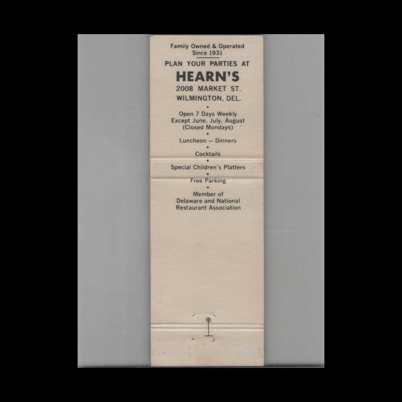 Hearns Good Eating Wilmington DE Matchbook Cover Hearns Good Eating Wilmington DE Matchbook Cover