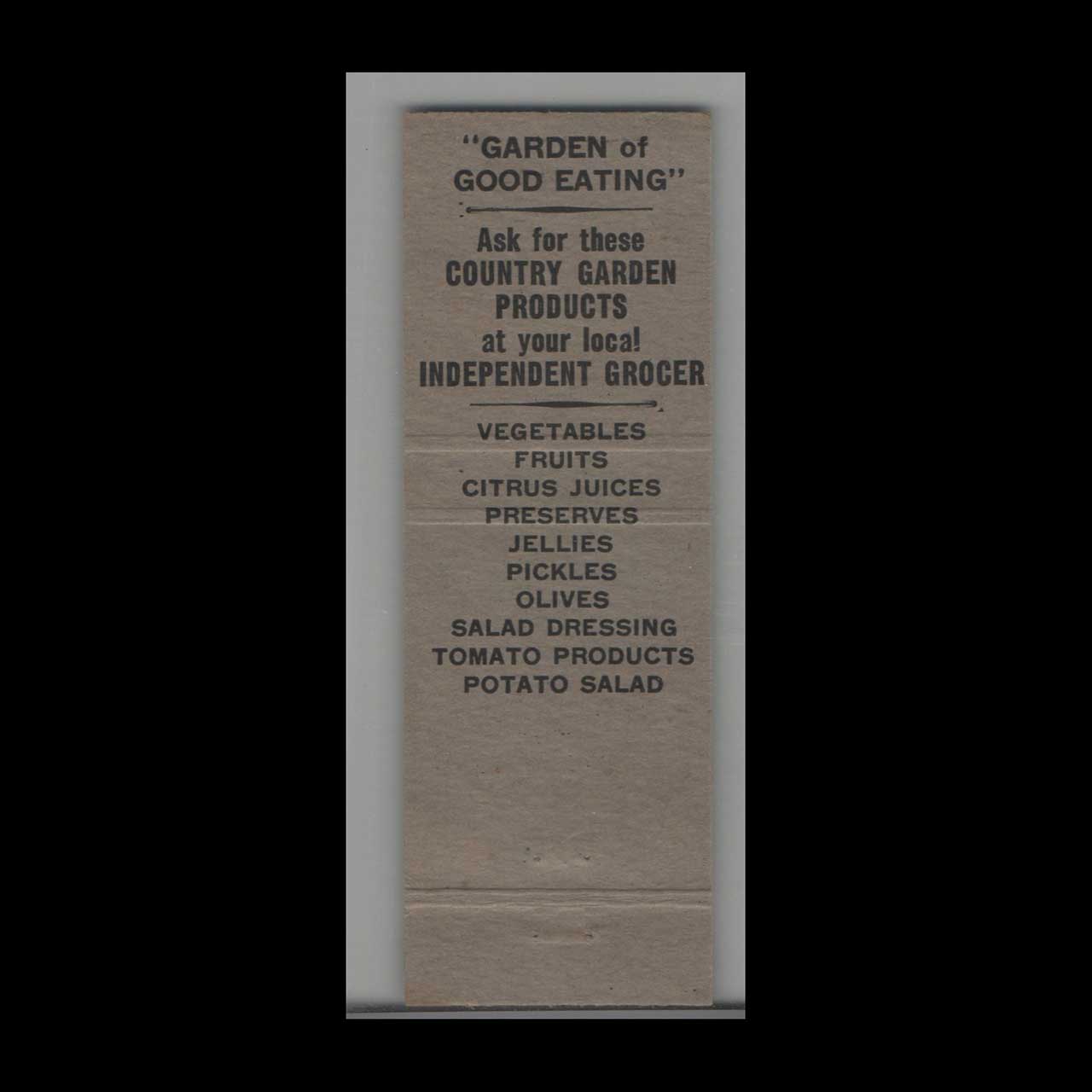 Matchbook Cover Country Garden Food Brand Milwaukee WI Matchbook Cover Country Garden Food Brand Milwaukee WI