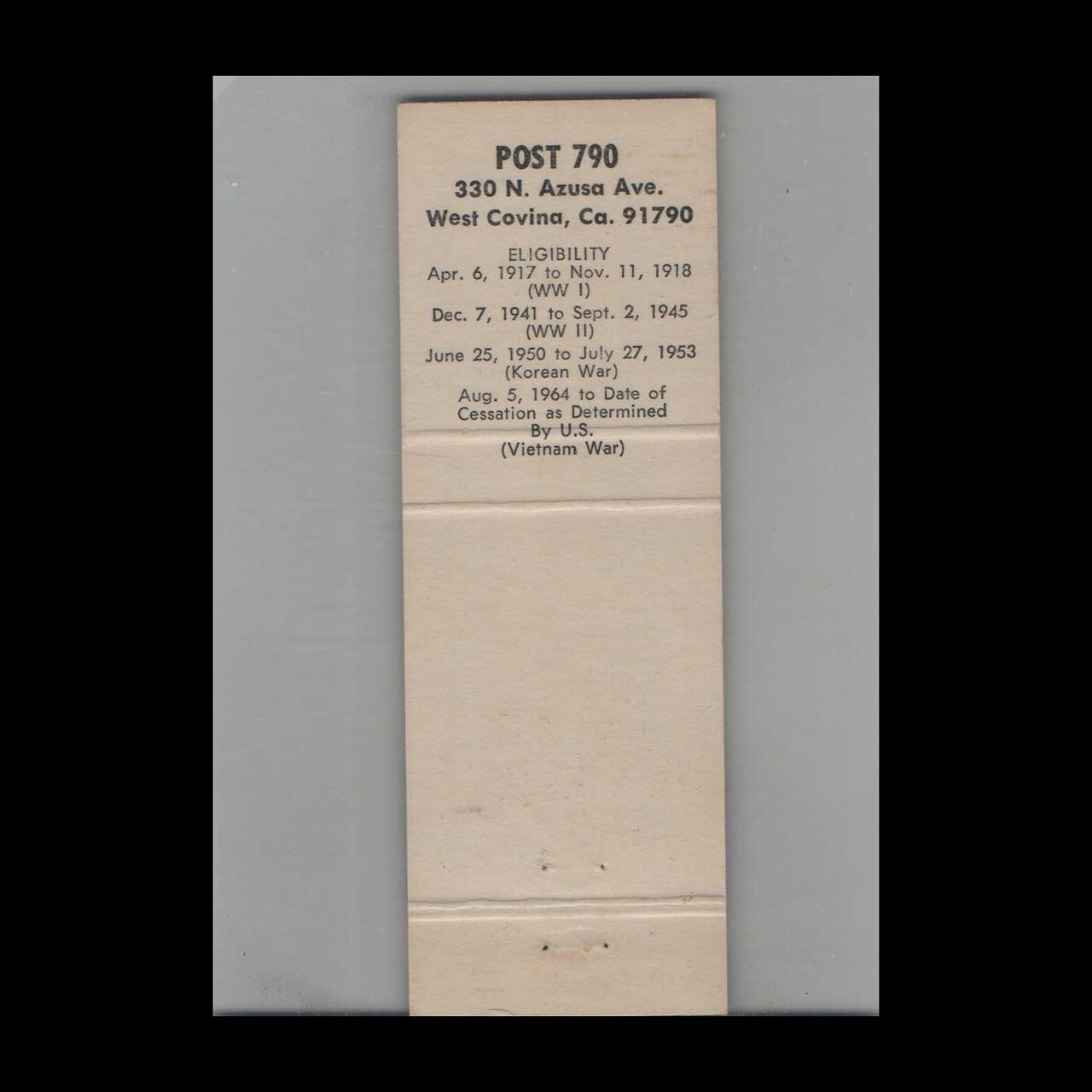 American Legion Post 790 Matchbook Cover West Covina CA American Legion Post 790 Matchbook Cover West Covina CA