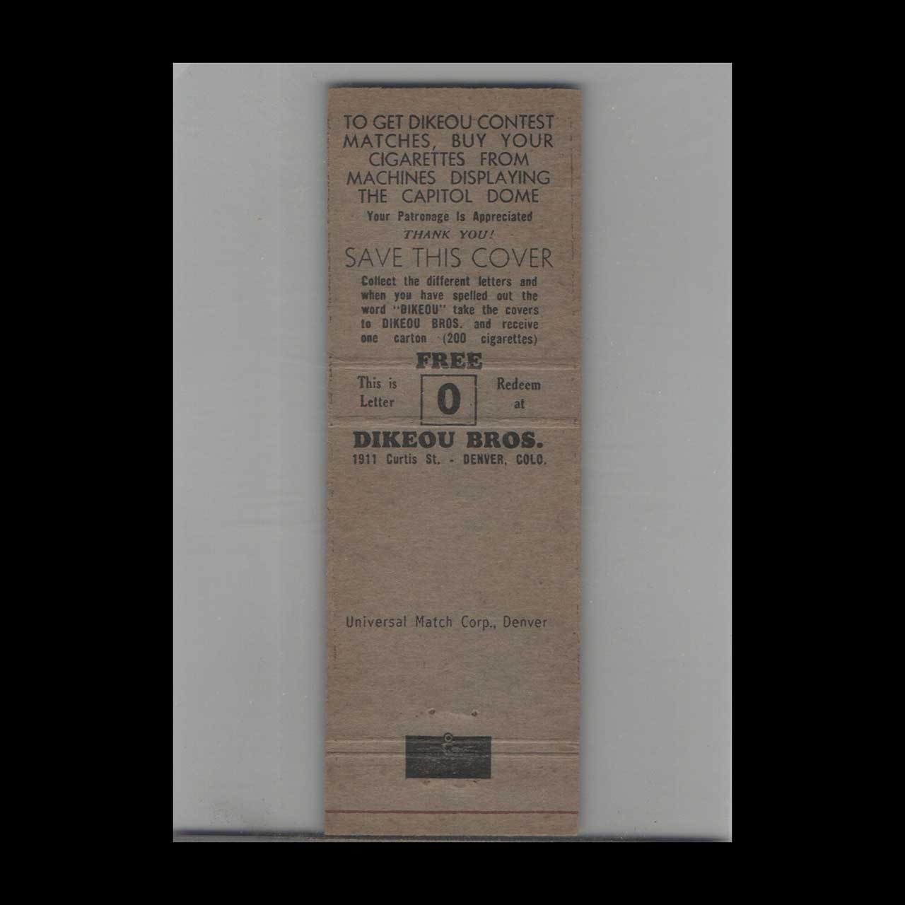 Dikeou Brothers Candy & Tobacco Matchbook Cover Denver Dikeou Brothers Candy & Tobacco Matchbook Cover Denver