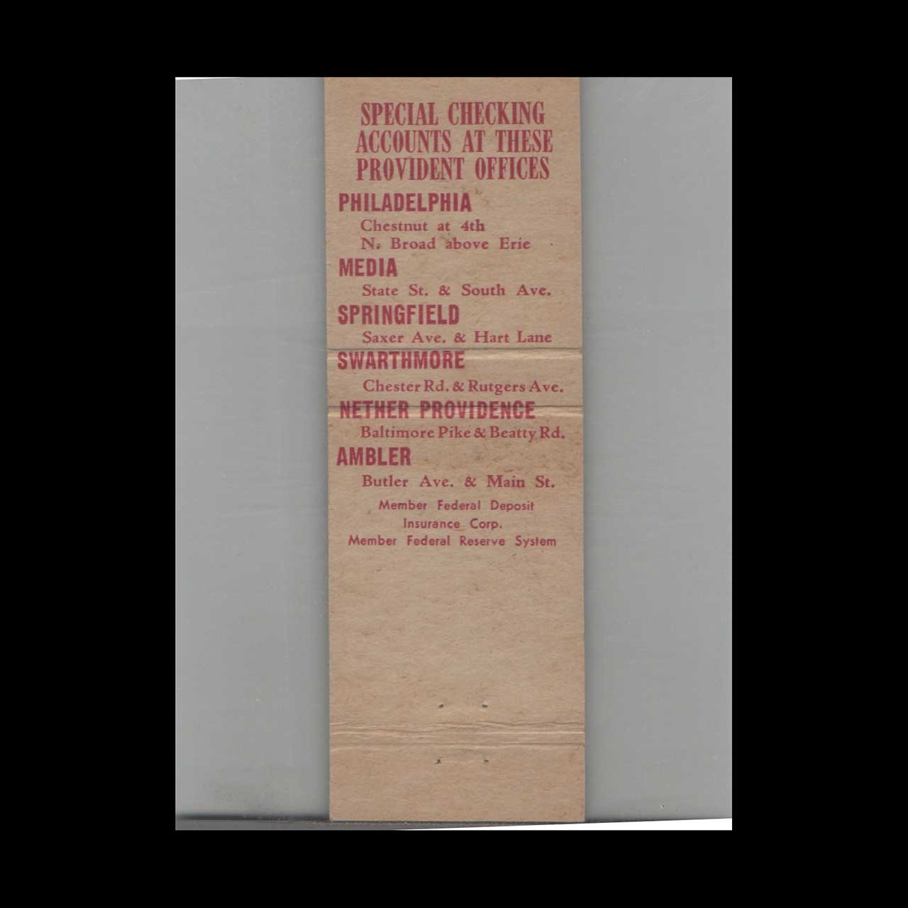 Matchbook Cover Provident Trust Company Philadelphia PA Matchbook Cover Provident Trust Company Philadelphia PA