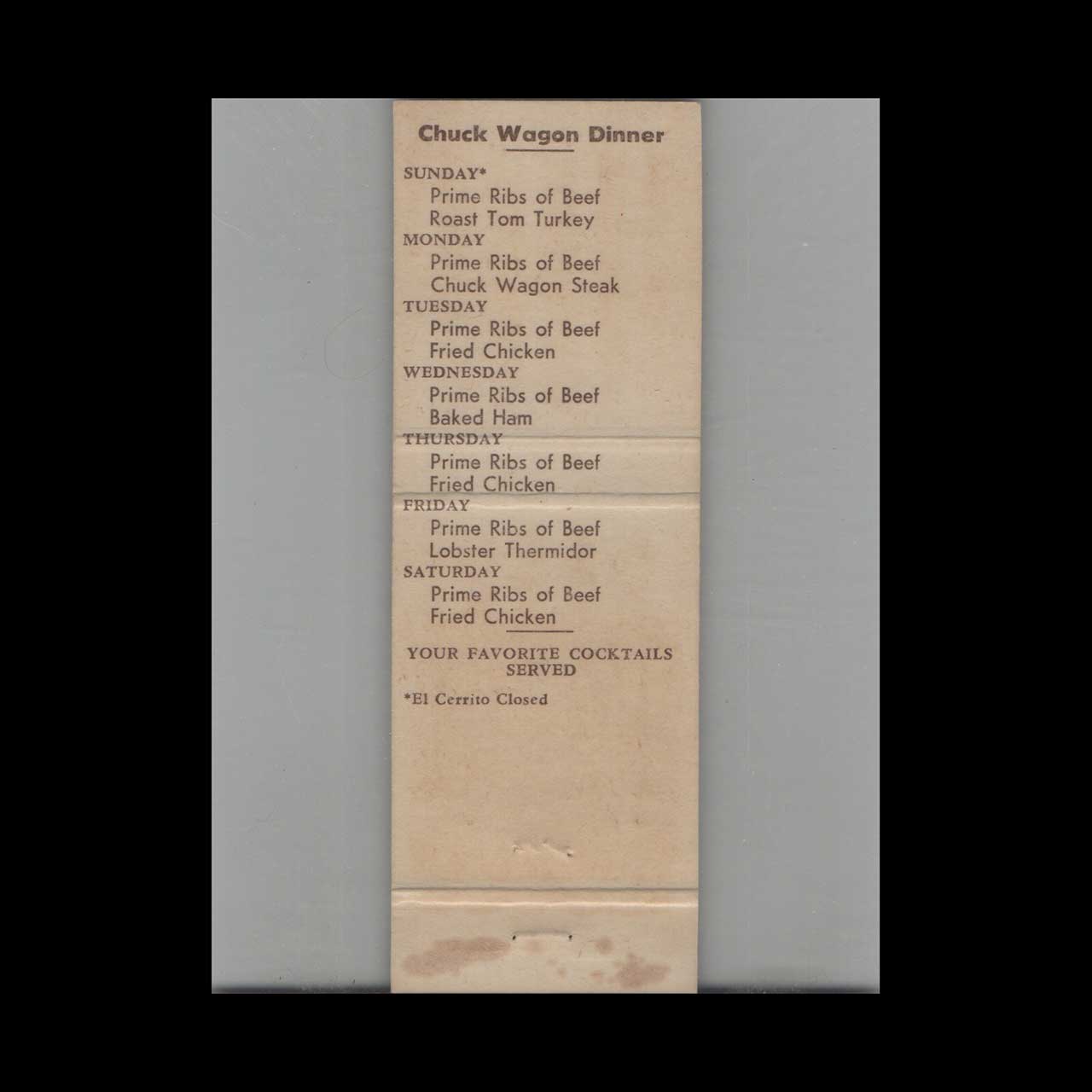 Buz Dyers Chuck Wagon Matchbook Cover El Cerrito CA Buz Dyers Chuck Wagon Matchbook Cover El Cerrito CA