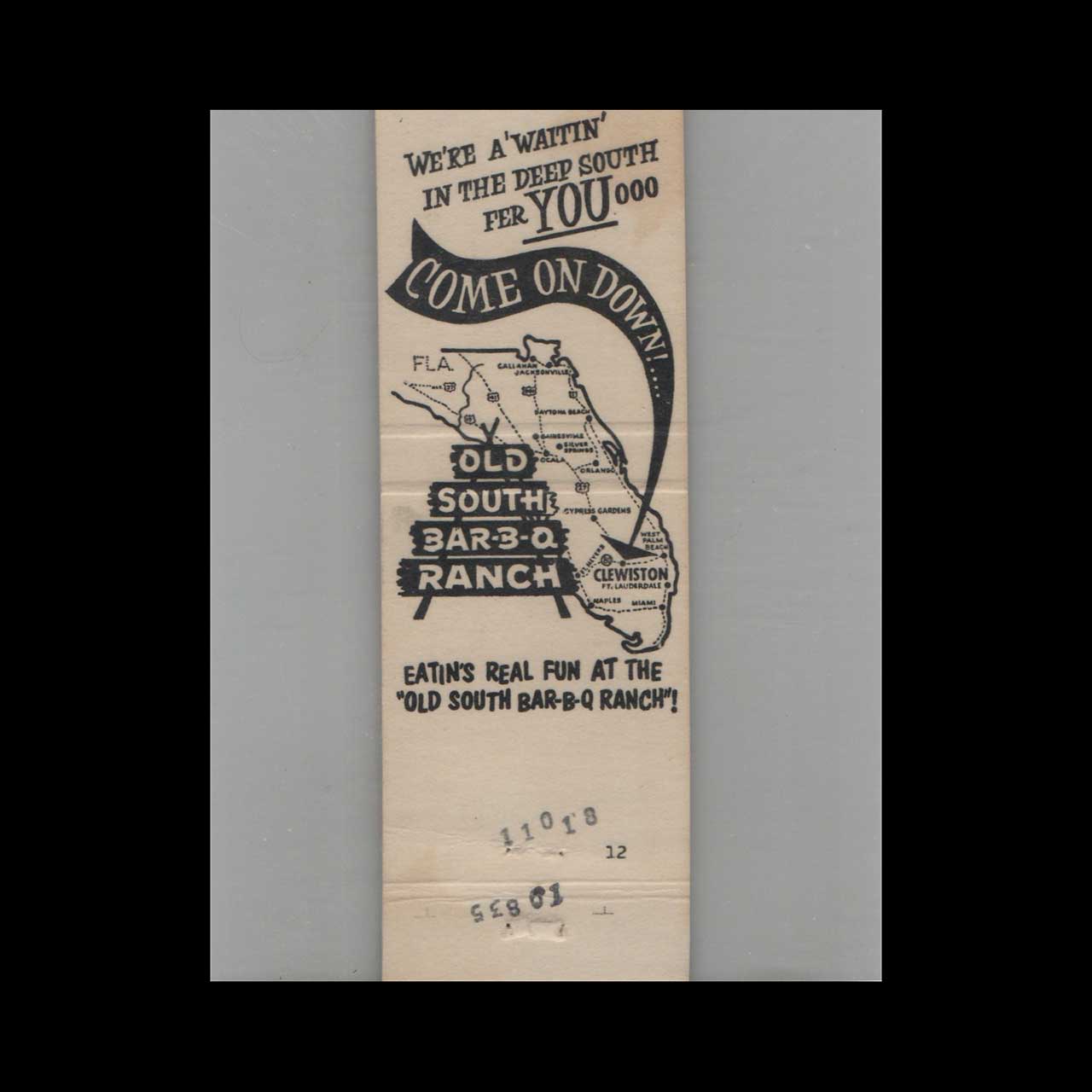 Old South Bar B Q Ranch Clewiston Matchbook Cover Old South Bar B Q Ranch Clewiston Matchbook Cover