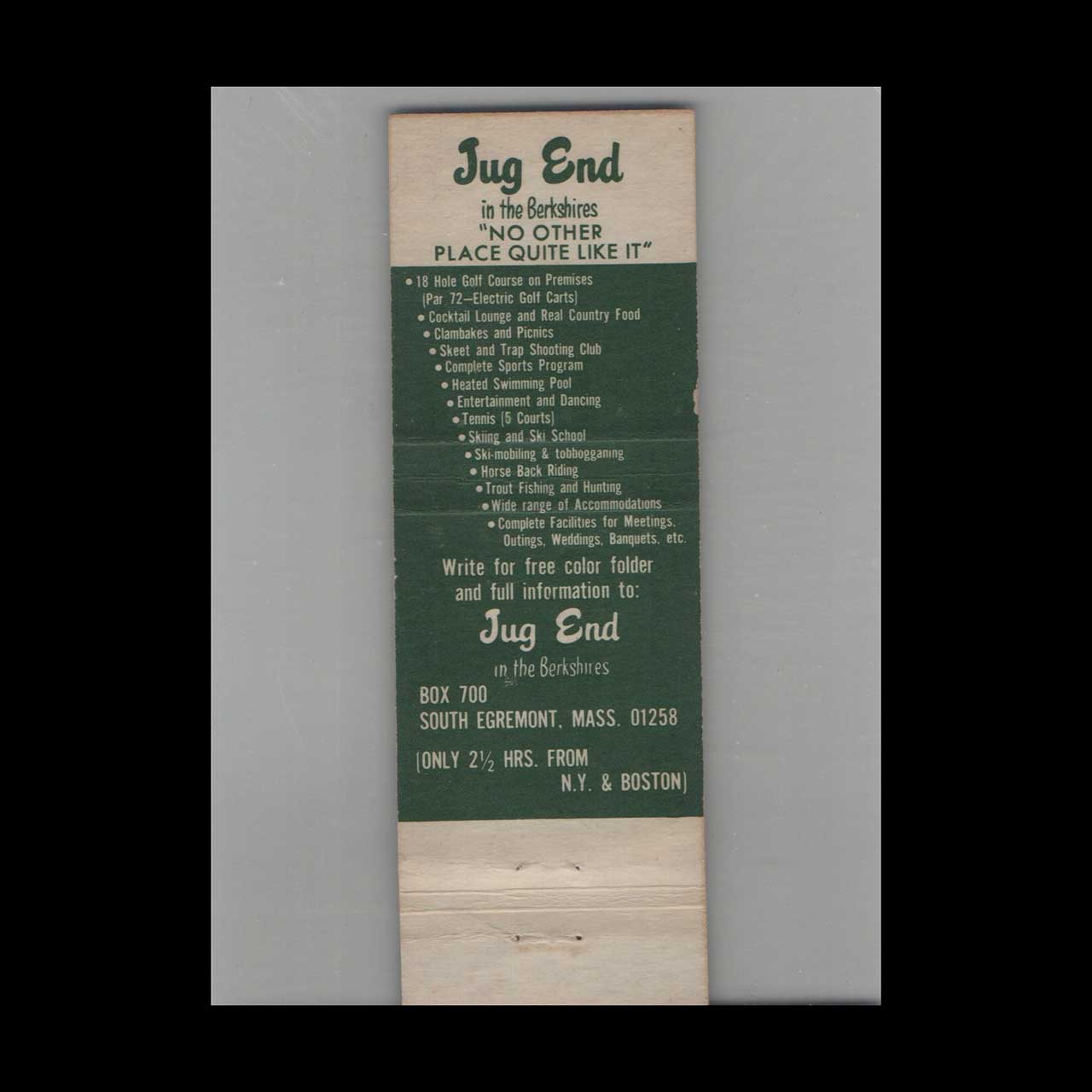Jug End Matchbook Cover South Egremont MA Jug End Matchbook Cover South Egremont MA
