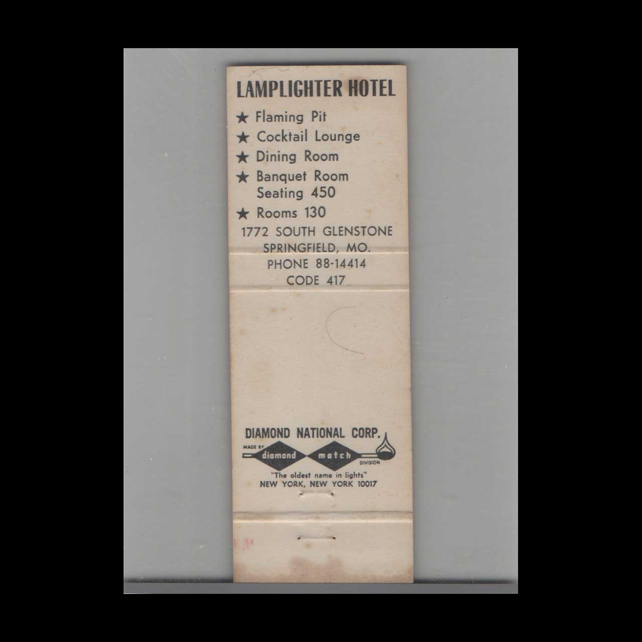 Matchbook Cover Lamplighter Motor Hotel Springfield MO Matchbook Cover Lamplighter Motor Hotel Springfield MO