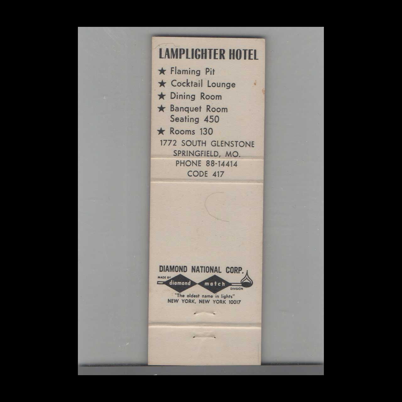 Matchbook Cover Lamplighter Motor Hotel Springfield MO Matchbook Cover Lamplighter Motor Hotel Springfield MO