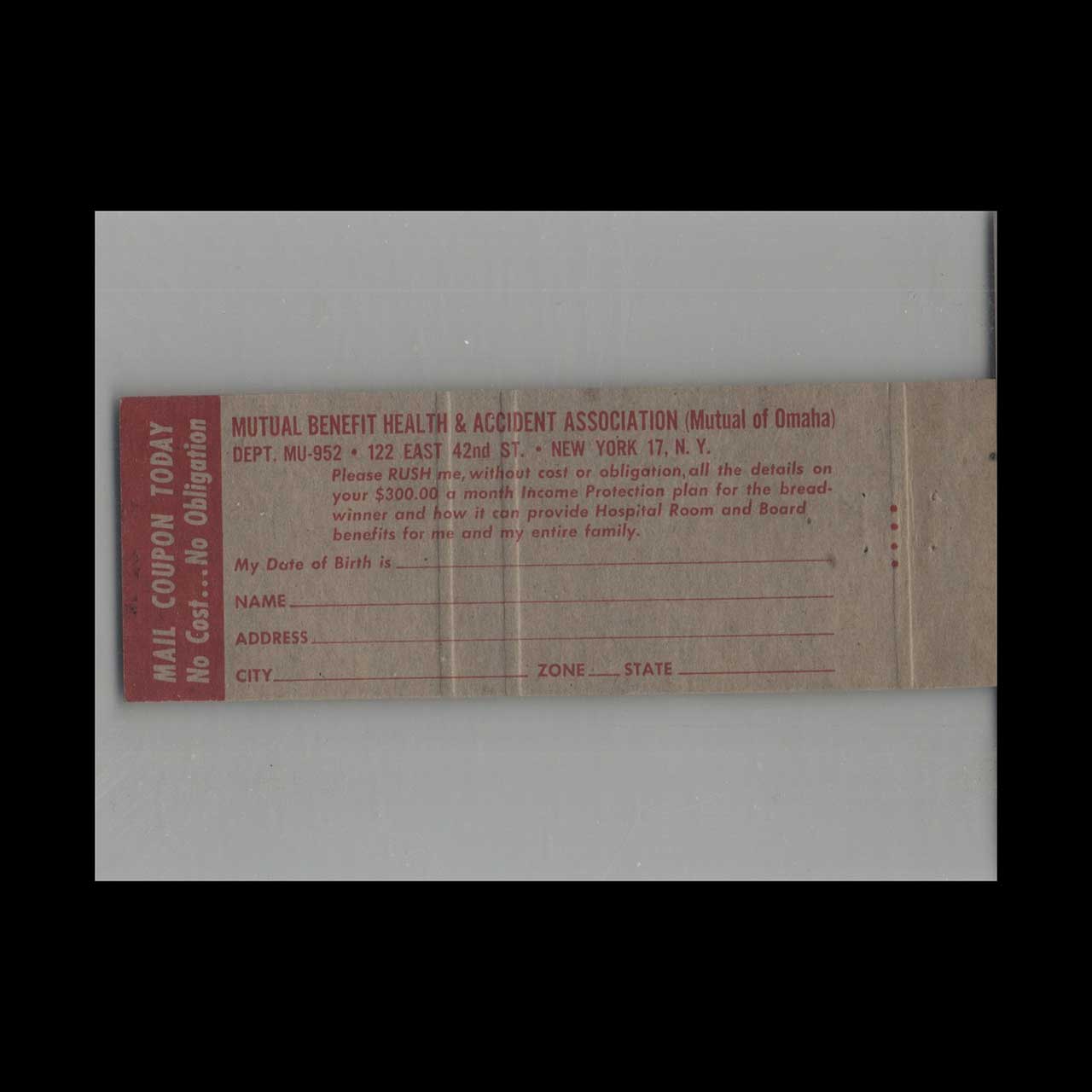 Mutual Of Omaha Health & Accident Insurance Matchbook Cover Mutual Of Omaha Health & Accident Insurance Matchbook Cover