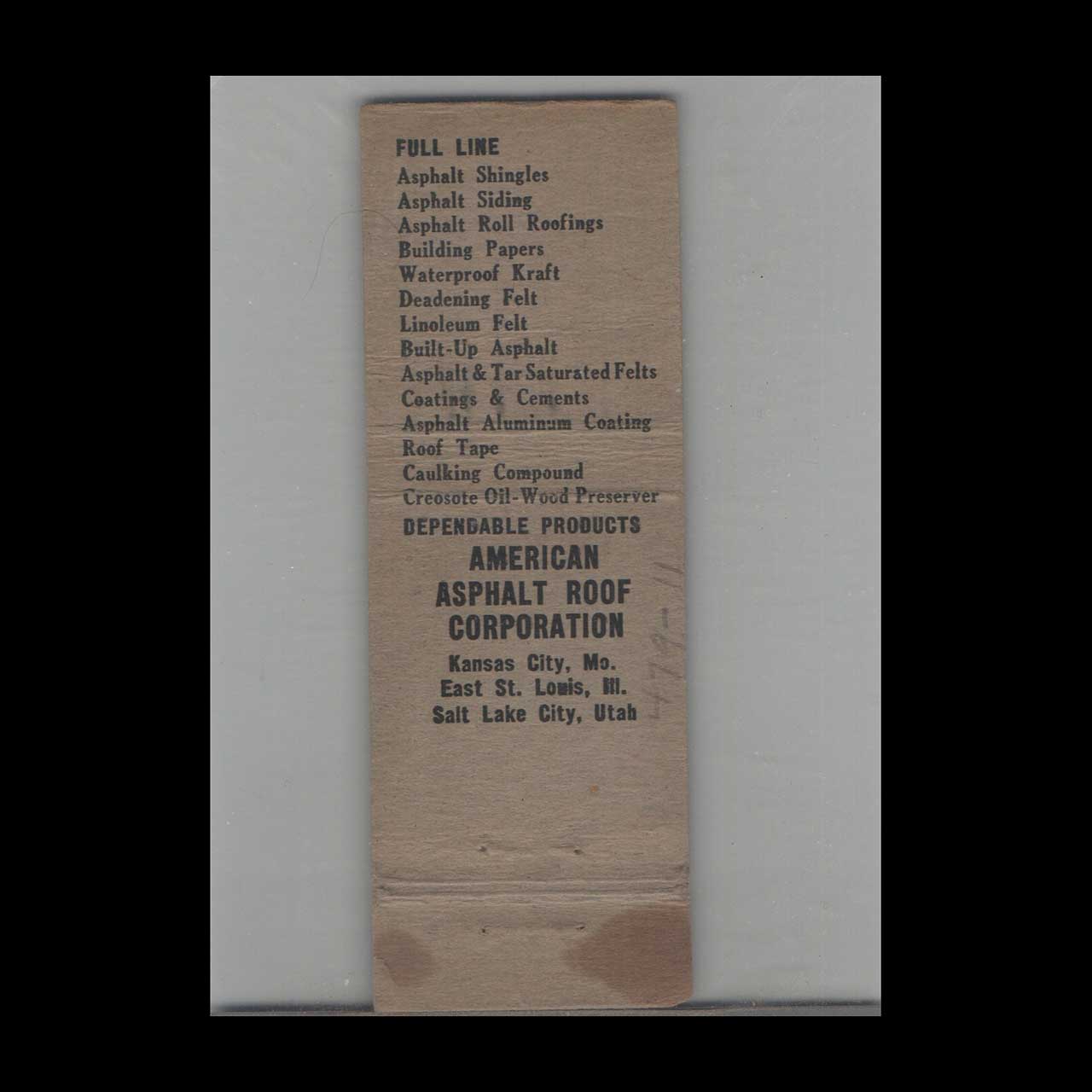 Old American Asphalt Shingles Matchbook Cover Old American Asphalt Shingles Matchbook Cover
