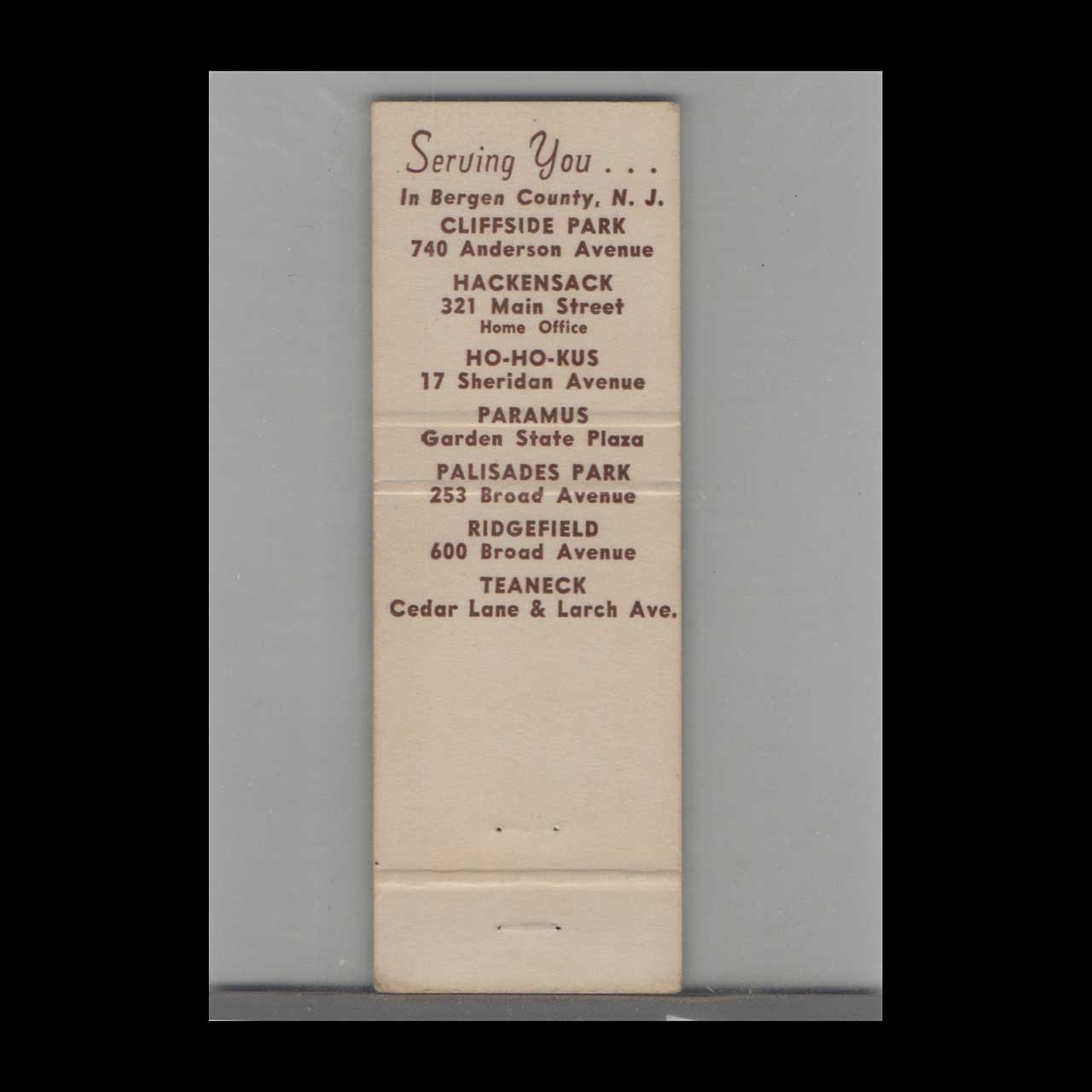 Oritani Savings & Loan Palisades Park Matchbook Cover Oritani Savings & Loan Palisades Park Matchbook Cover