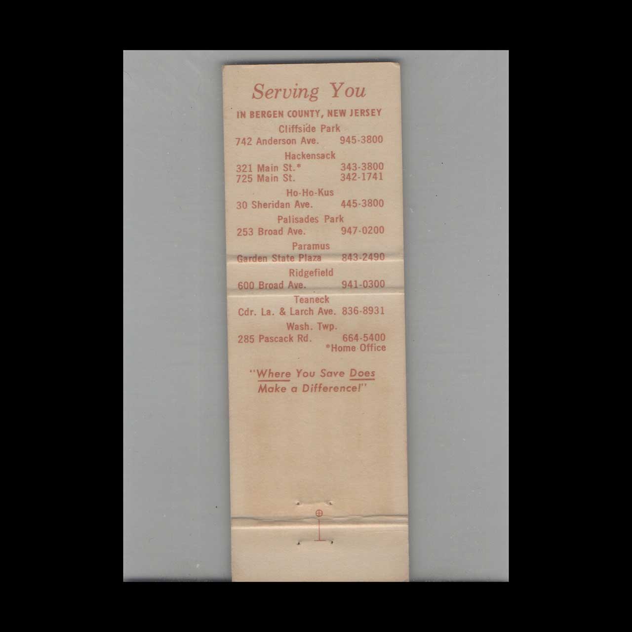 Oritani Savings & Loan Teaneck NJ Matchbook Cover Oritani Savings & Loan Teaneck NJ Matchbook Cover