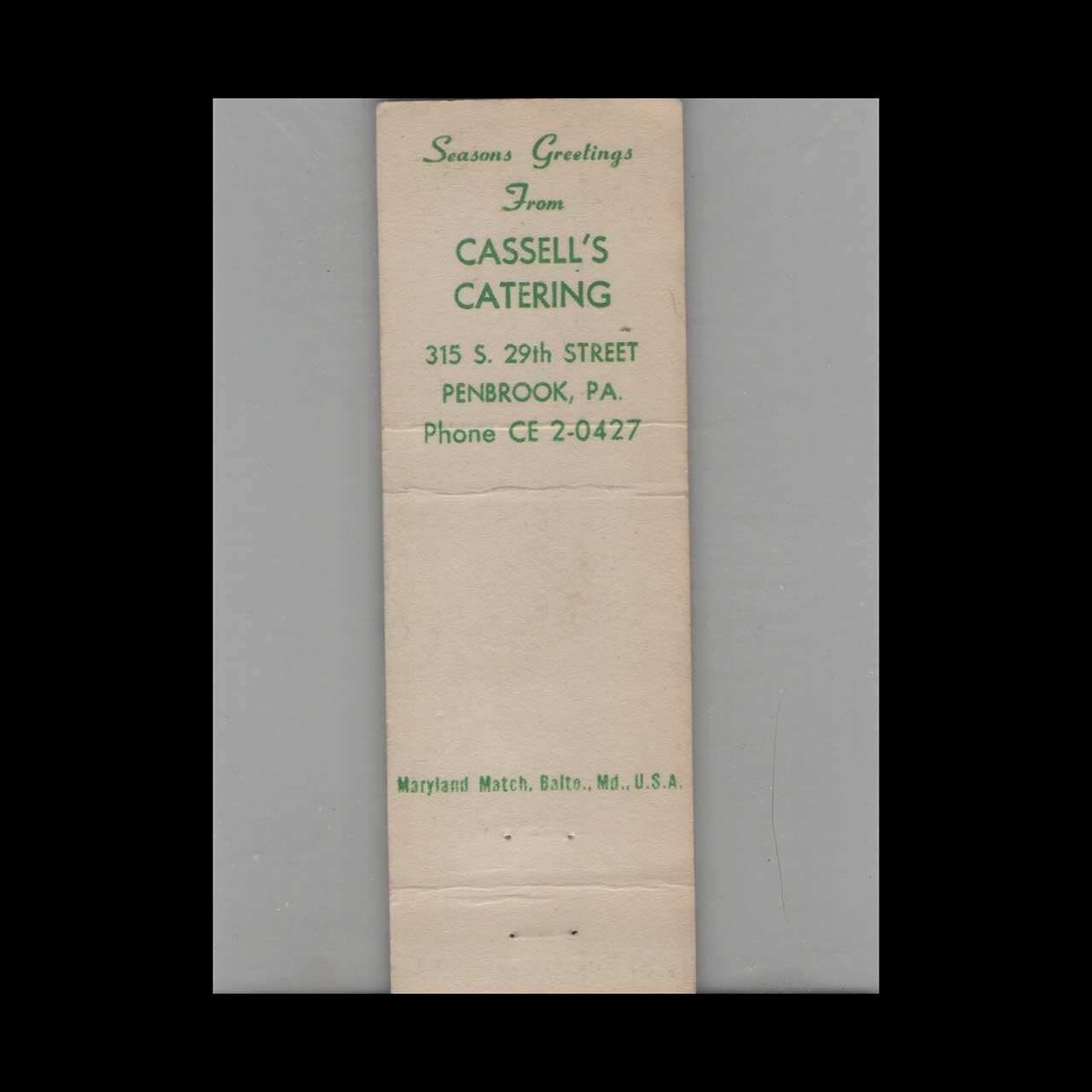 Cassells Catering Matchbook Cover Penbrook PA Cassells Catering Matchbook Cover Penbrook PA