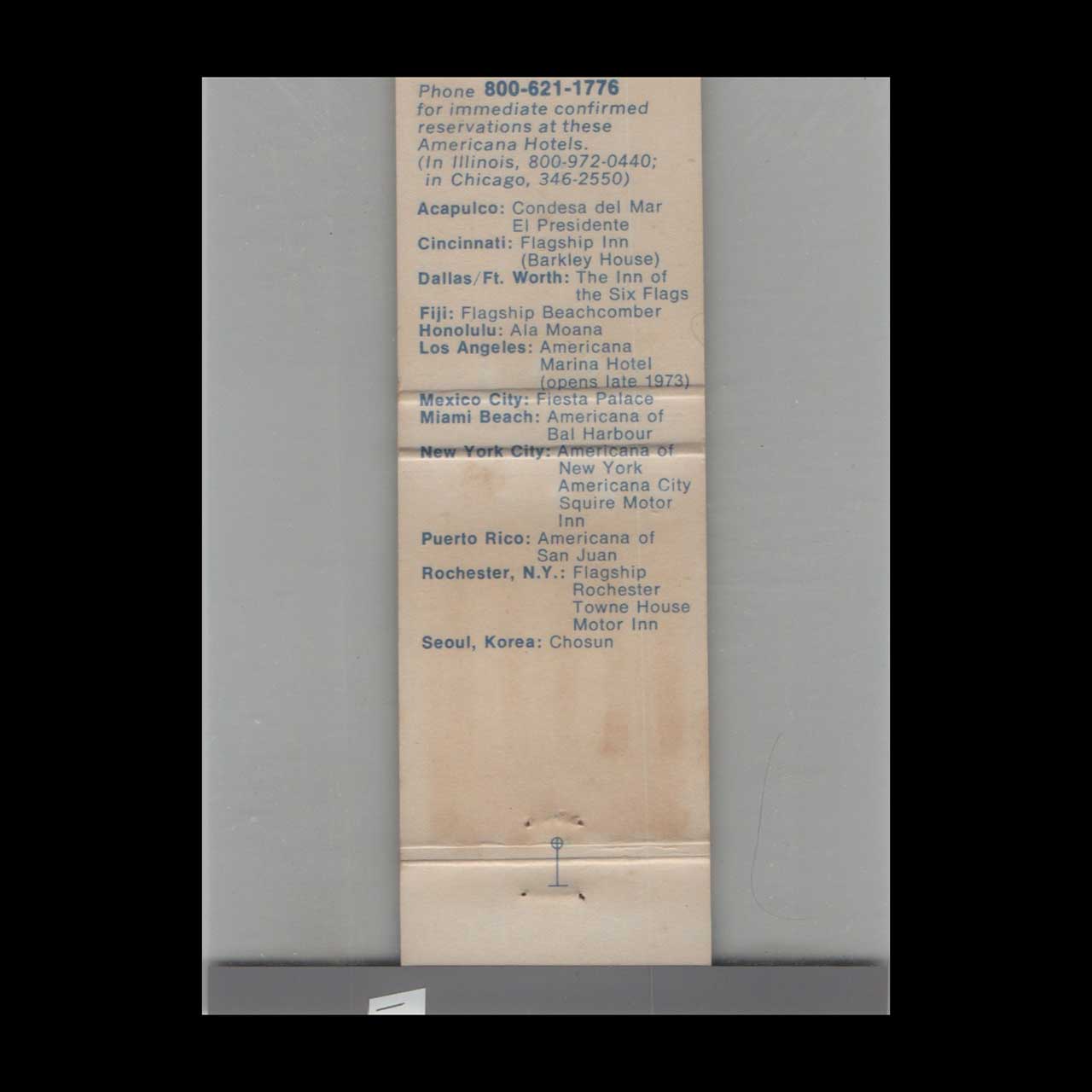 Matchbook Cover American Airlines Americana Hotel San Juan PR Matchbook Cover American Airlines Americana Hotel San Juan PR