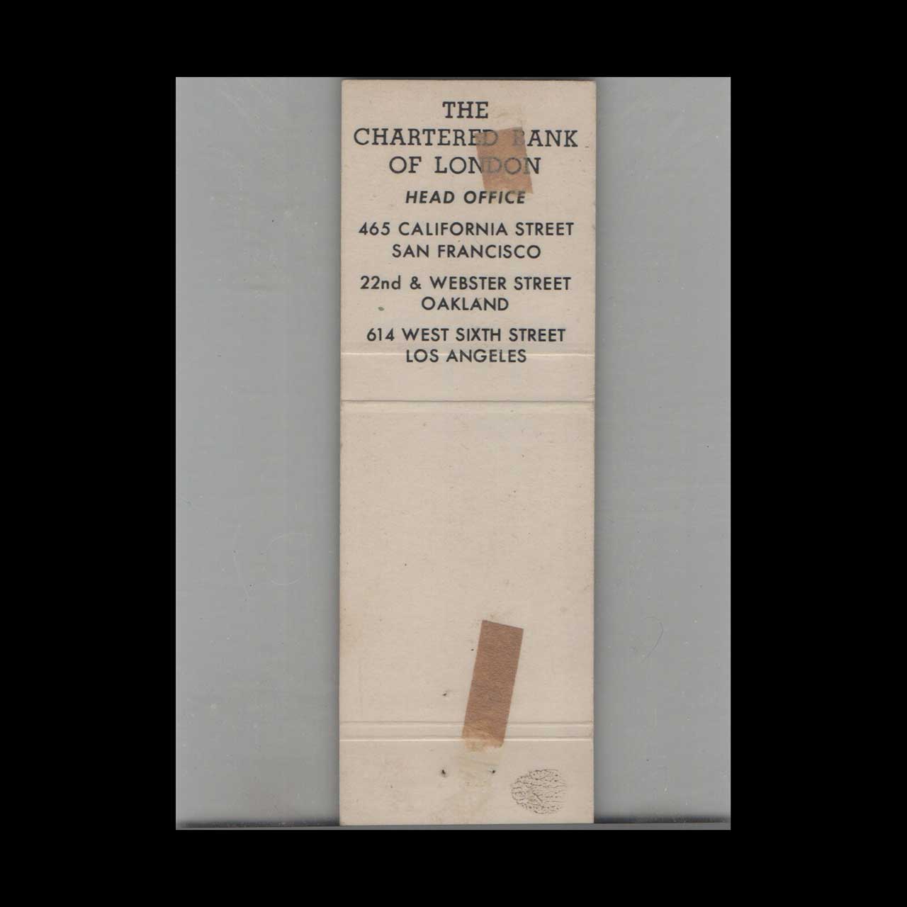 Matchbook Cover The Chartered Bank Of London Oakland CA Matchbook Cover The Chartered Bank Of London Oakland CA