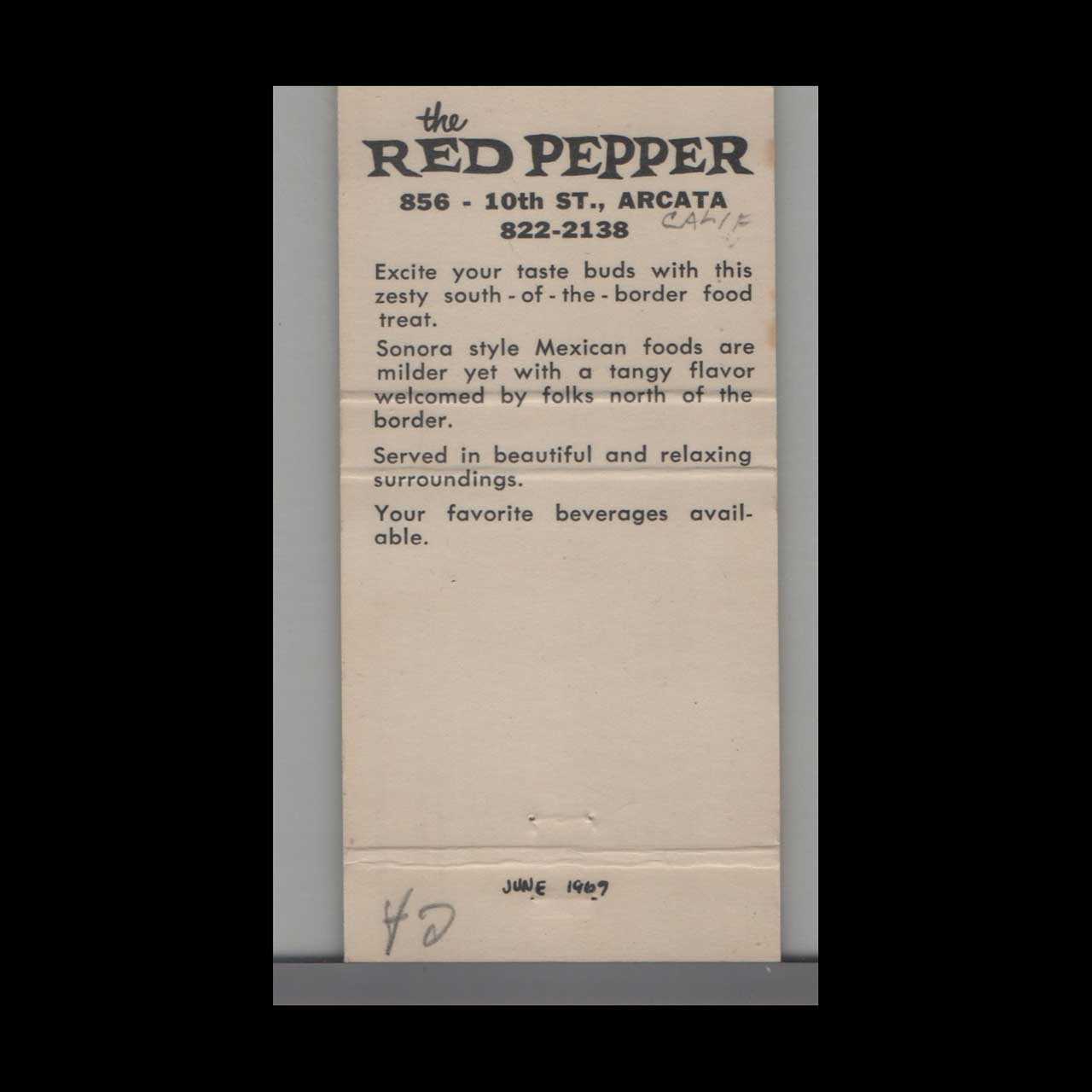The Red Pepper Mexican Food Matchbook Cover Arcata CA The Red Pepper Mexican Food Matchbook Cover Arcata CA