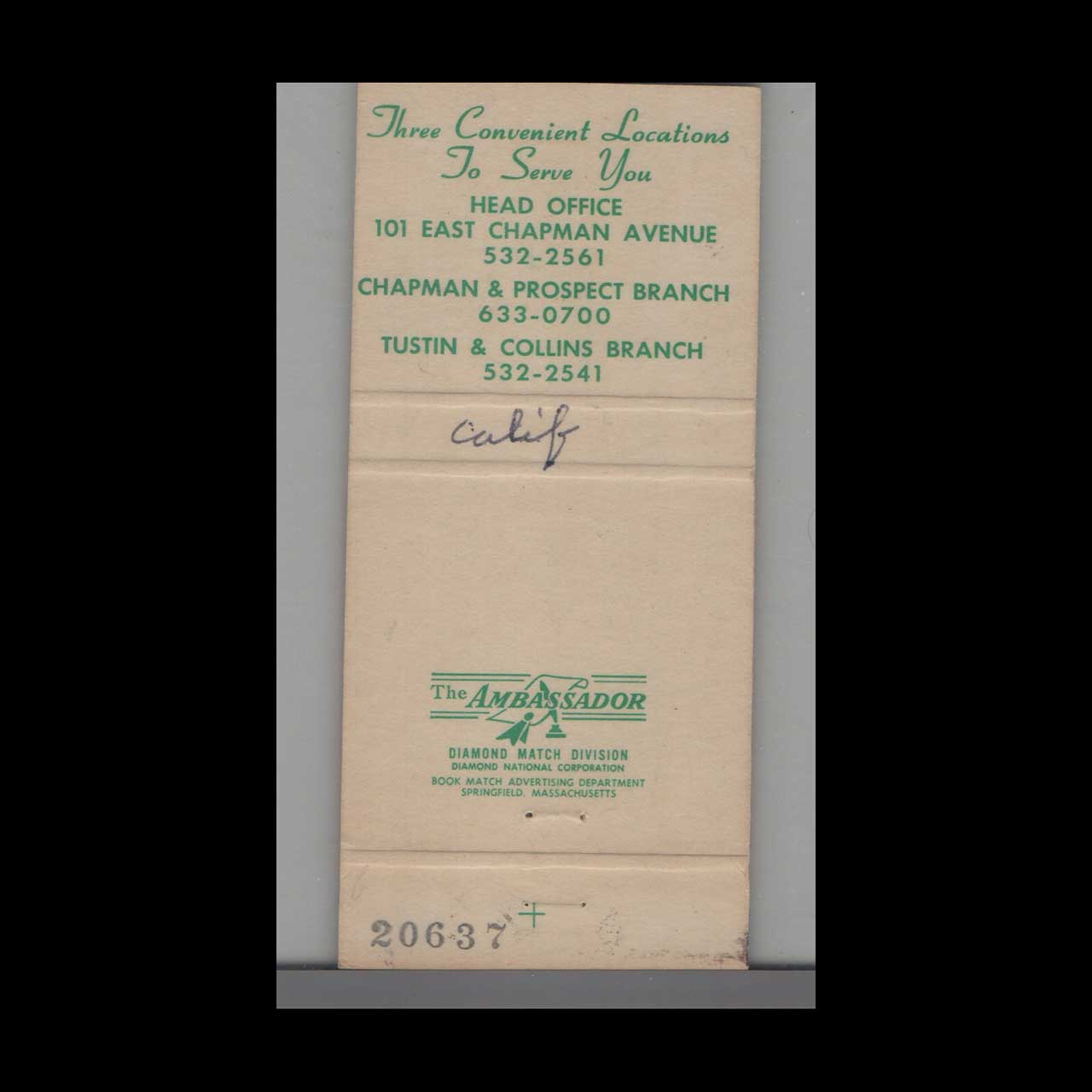 Matchbook Cover First National Bank Of Orange County California Matchbook Cover First National Bank Of Orange County California