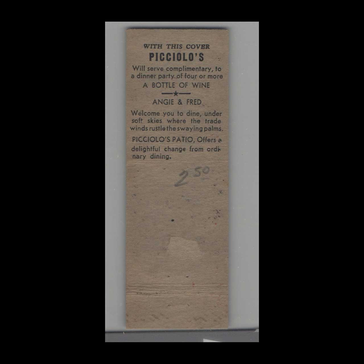 Matchbook Cover Angie & Freds Picciolos Restaurant Miami Beach FL Matchbook Cover Angie & Freds Picciolos Restaurant Miami Beach FL
