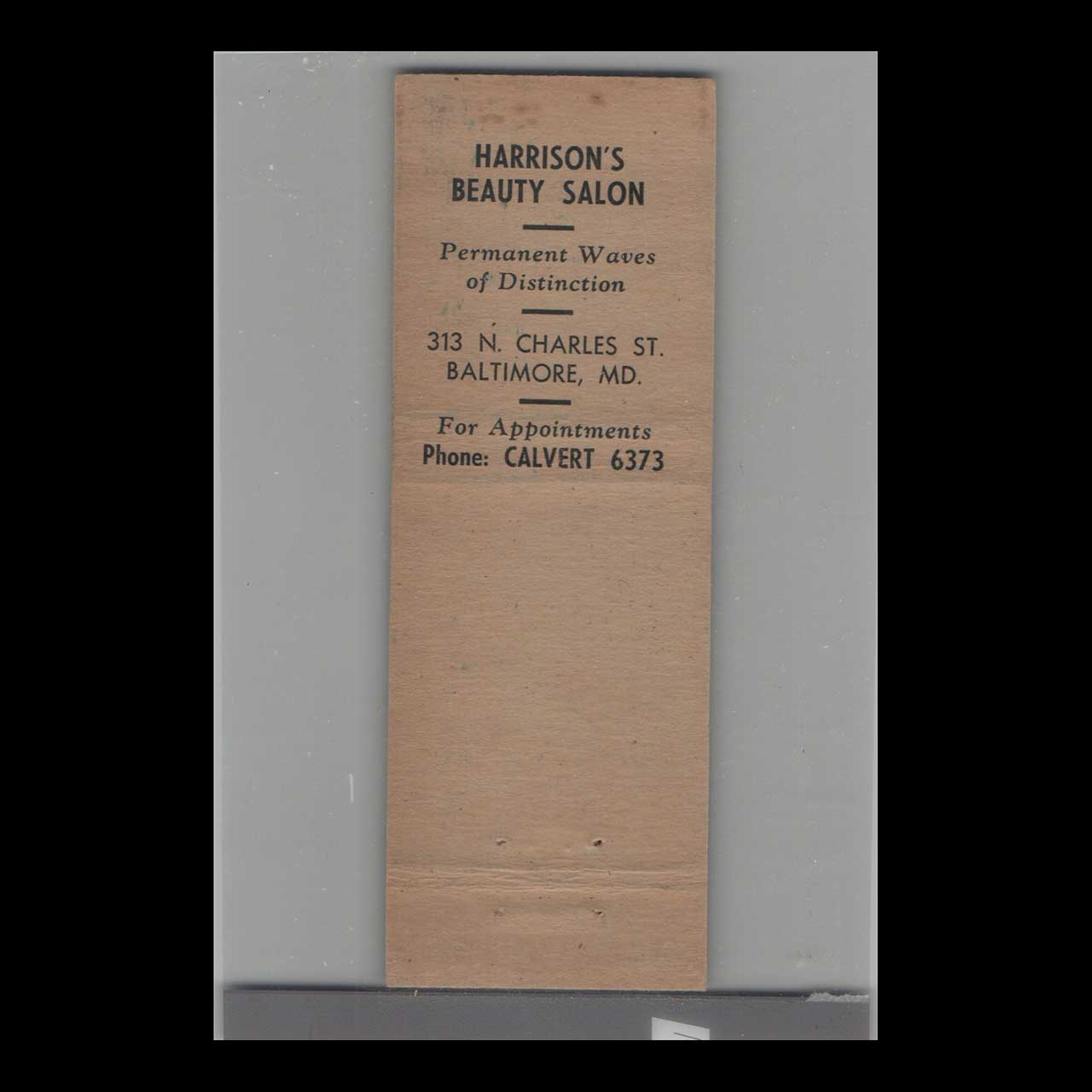 Harrisons Beauty Salon Matchbook Cover Baltimore MD Harrisons Beauty Salon Matchbook Cover Baltimore MD