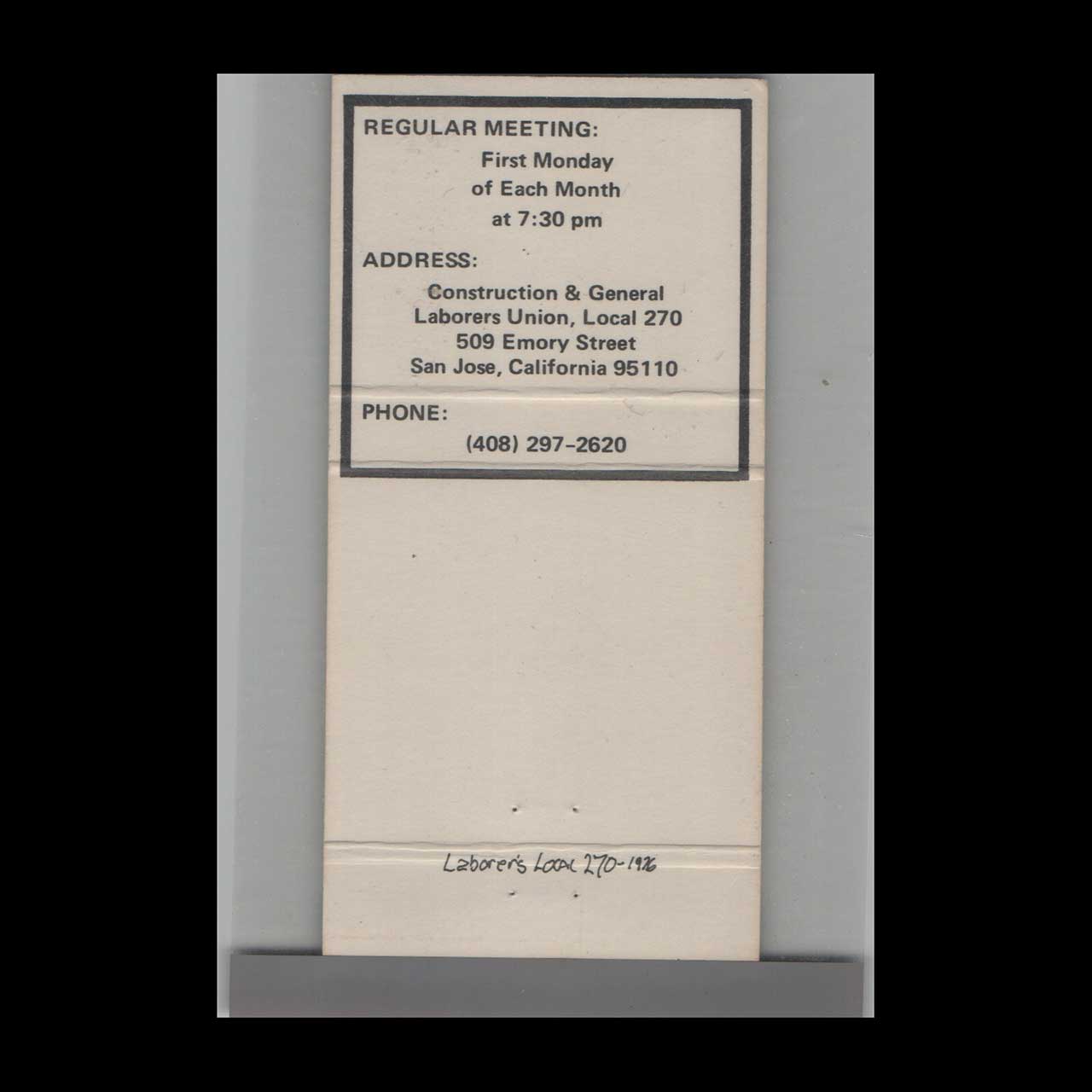 Labor Union Construction Matchbook Cover Local 270 Labor Union Construction Matchbook Cover Local 270