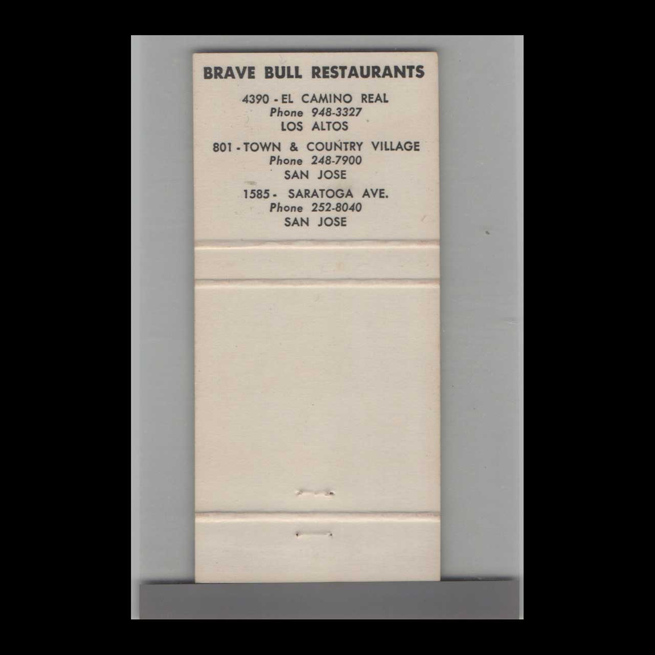Brave Bull Restaurant Matchbook Cover El Camino Real CA Brave Bull Restaurant Matchbook Cover El Camino Real CA