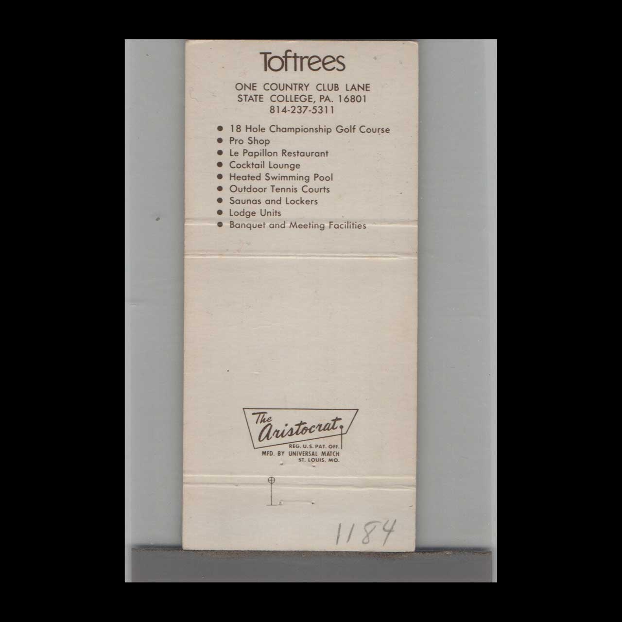 Toftrees Country Club Matchbook Cover State College PA Toftrees Country Club Matchbook Cover State College PA