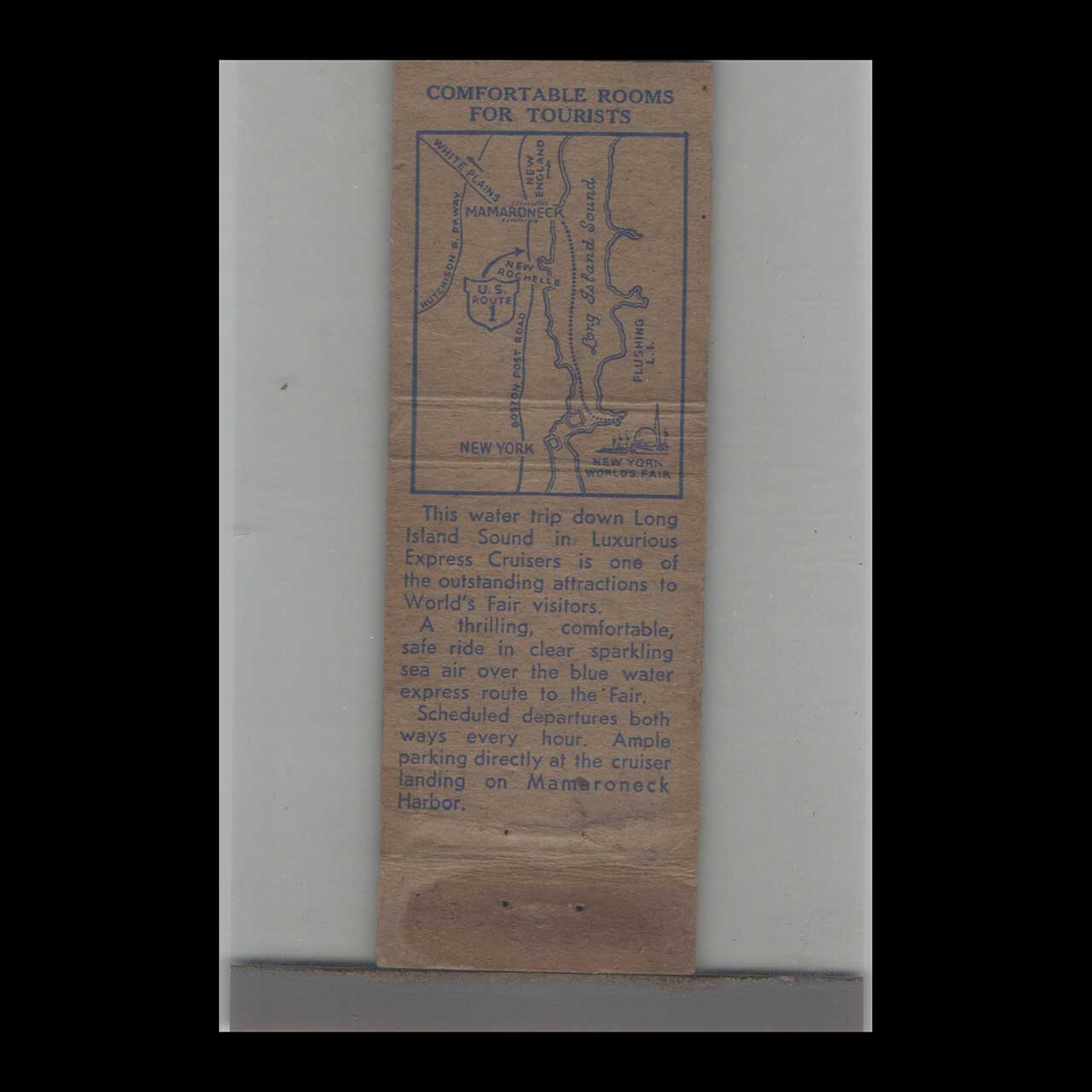 Mamaroneck Express Cruisers Worlds Fair Matchbook Cover Mamaroneck Express Cruisers Worlds Fair Matchbook Cover
