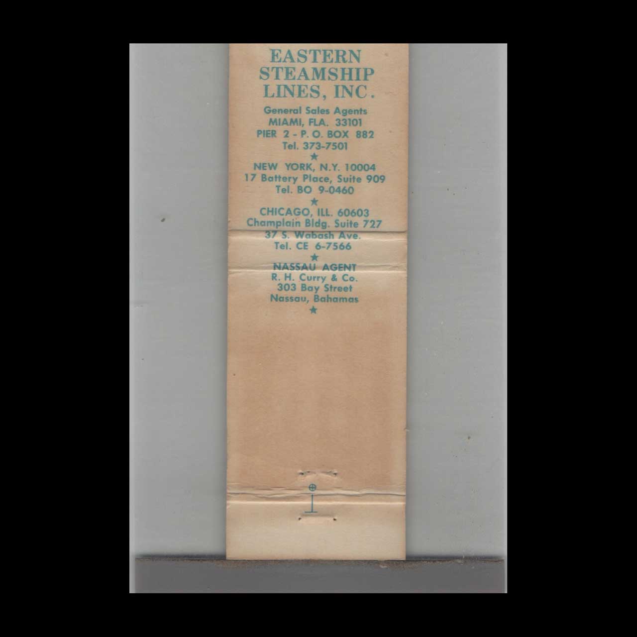 Eastern Steamship Lines SS Ariadne Matchbook Cover Eastern Steamship Lines SS Ariadne Matchbook Cover