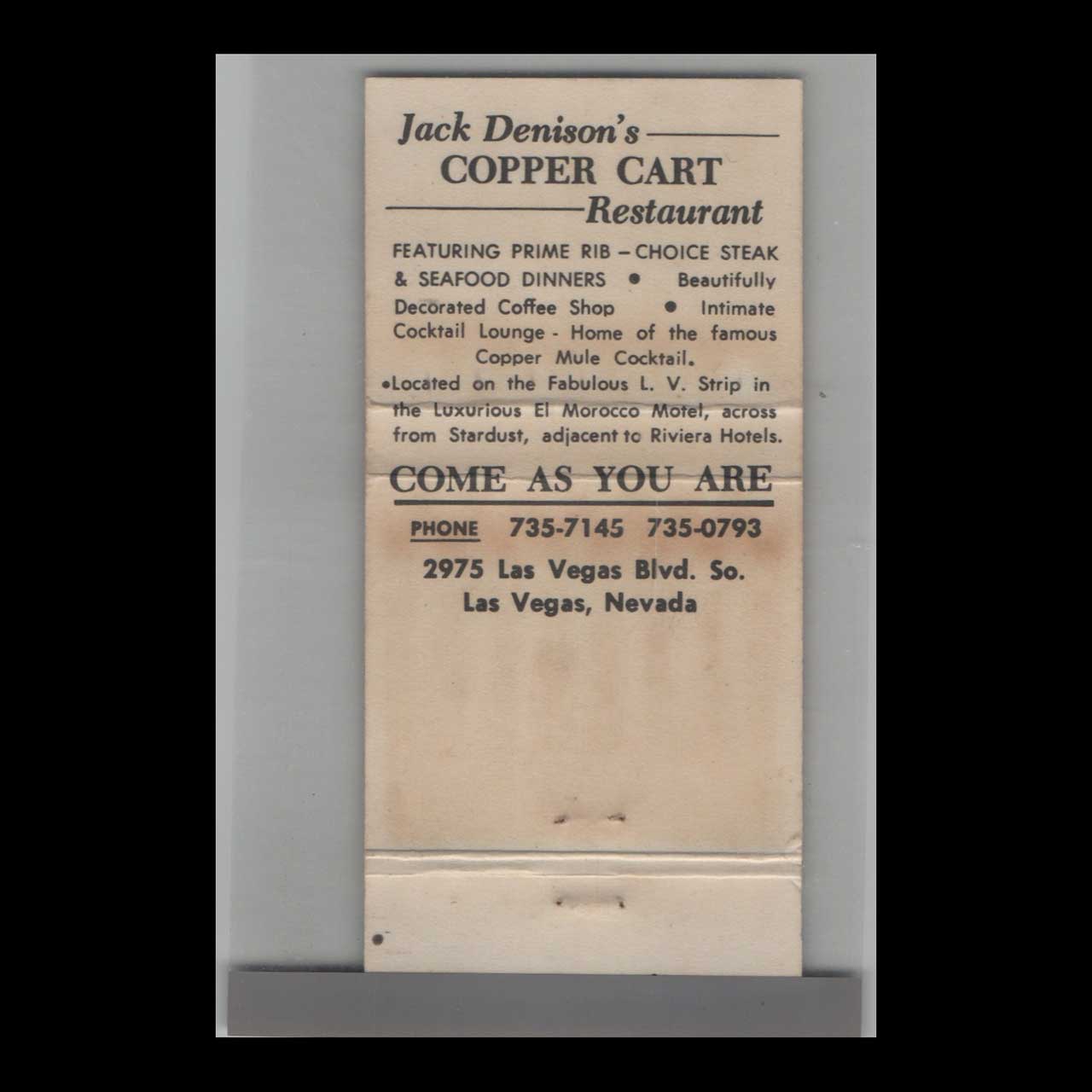 Jack Denisons Copper Cart Las Vegas Matchbook Cover Jack Denisons Copper Cart Las Vegas Matchbook Cover