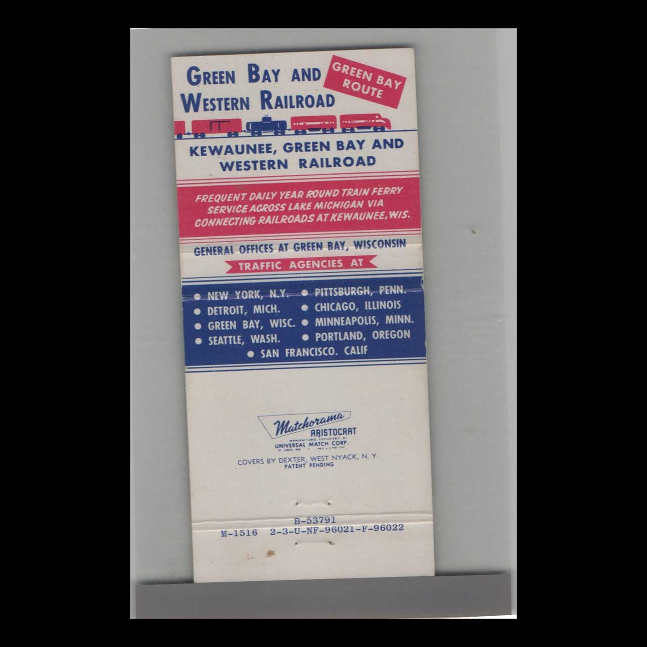 Green Bay & Western Railroad Matchbook Cover Green Bay & Western Railroad Matchbook Cover