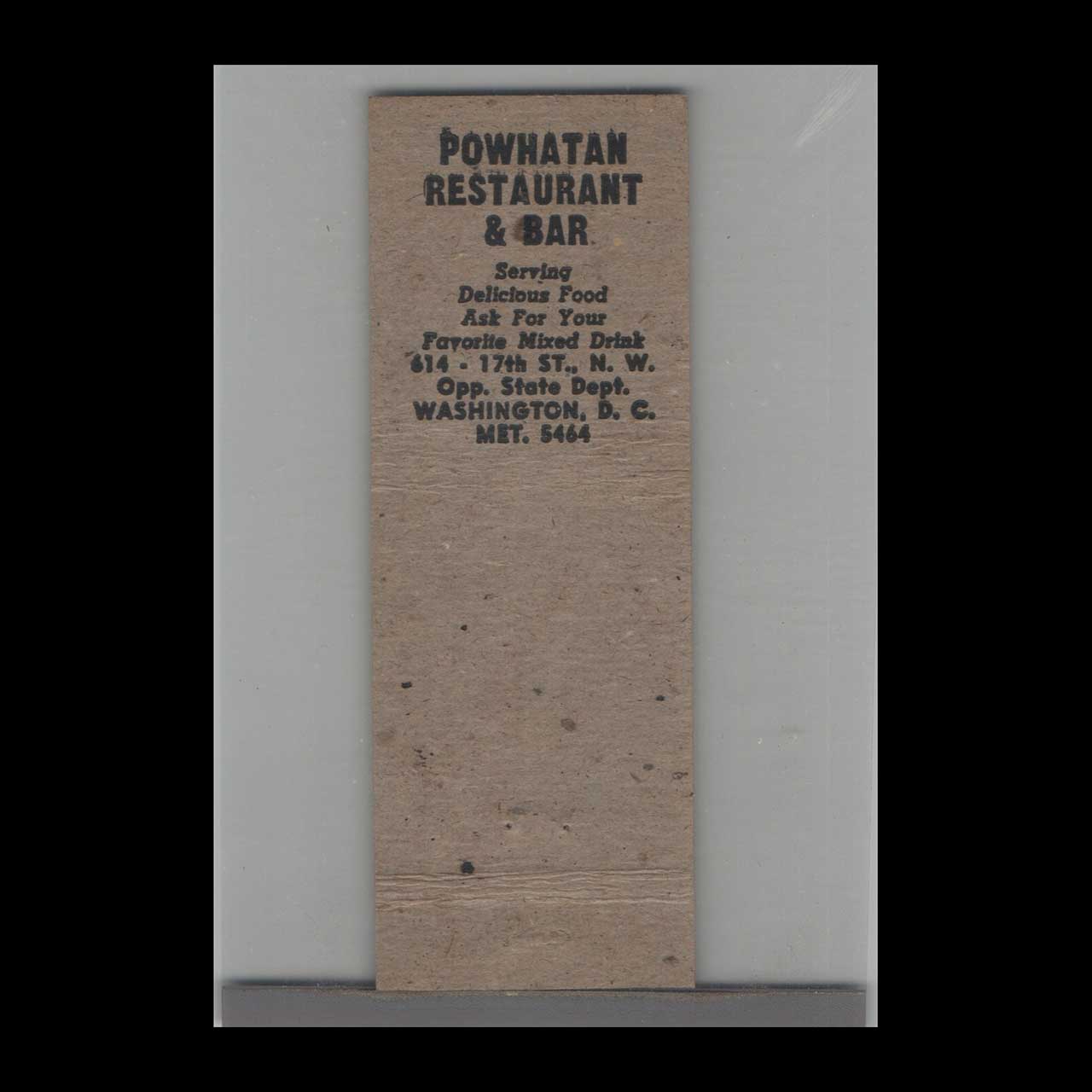 Powhatan Restaurant & Bar Matchbook Cover Washington DC Powhatan Restaurant & Bar Matchbook Cover Washington DC