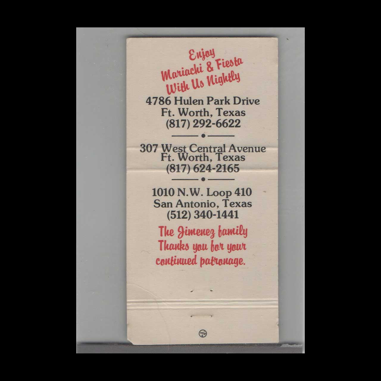Jimenez Restaurant & Cantina Ft Worth Matchbook Cover Jimenez Restaurant & Cantina Ft Worth Matchbook Cover