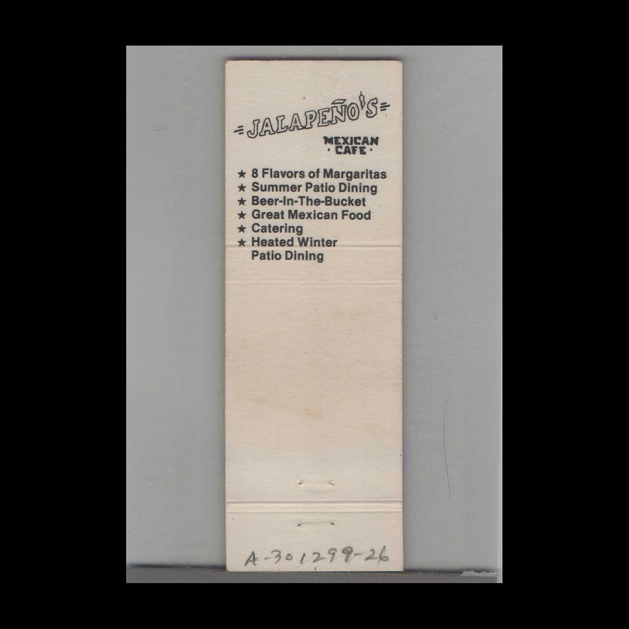 Jalapenos Mexican Cafe Matchbook Cover Scottsdale AZ Jalapenos Mexican Cafe Matchbook Cover Scottsdale AZ