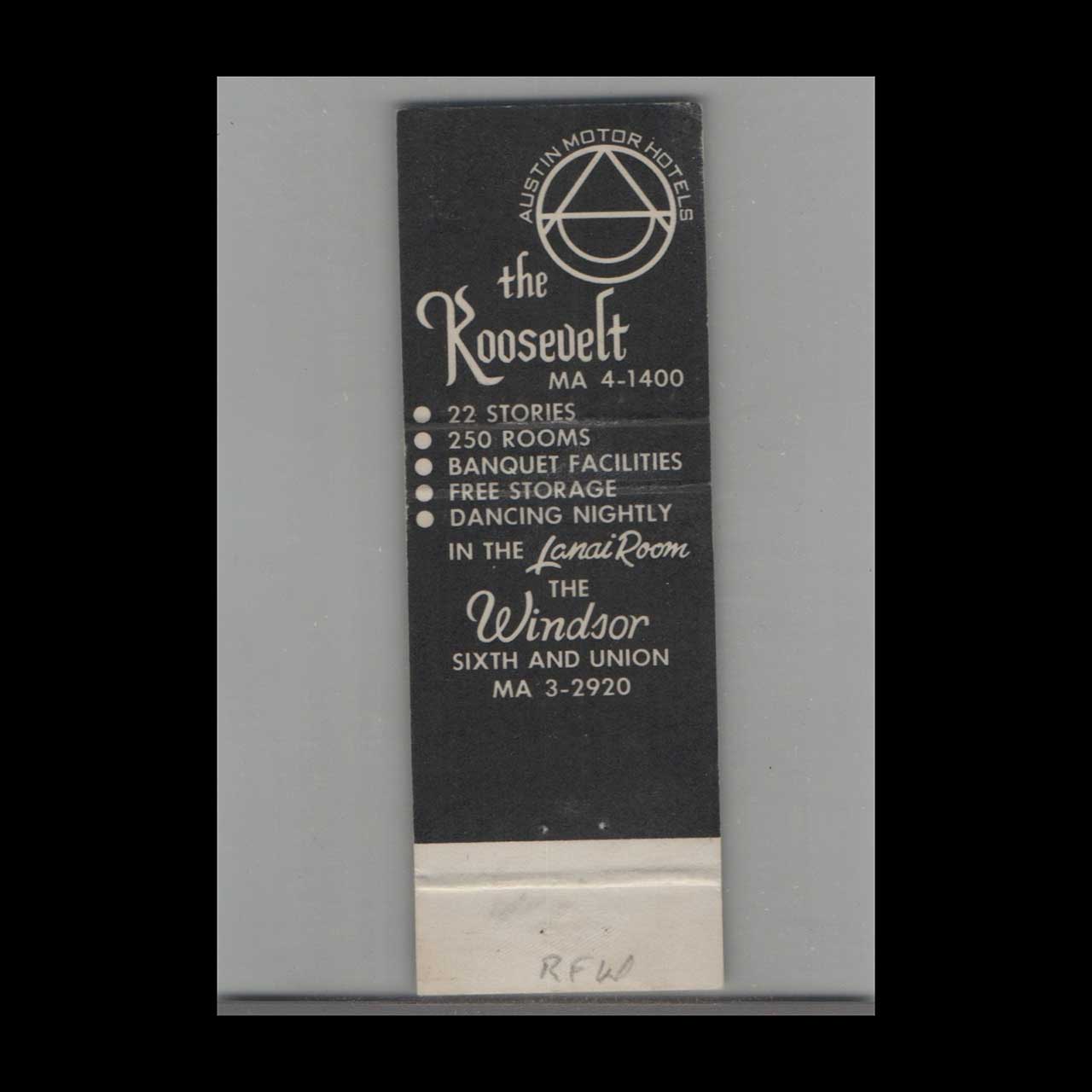 Matchbook Cover Roosevelt Motor Hotel Downtown Seattle WA Matchbook Cover Roosevelt Motor Hotel Downtown Seattle WA