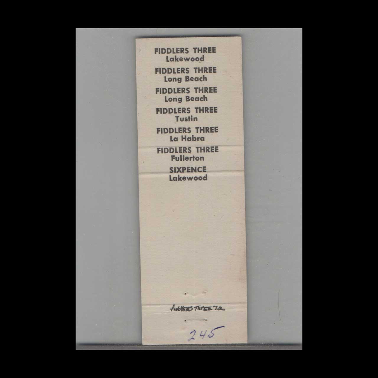 Fiddlers 3 Restaurants Lakewood Matchbook Cover Fiddlers 3 Restaurants Lakewood Matchbook Cover
