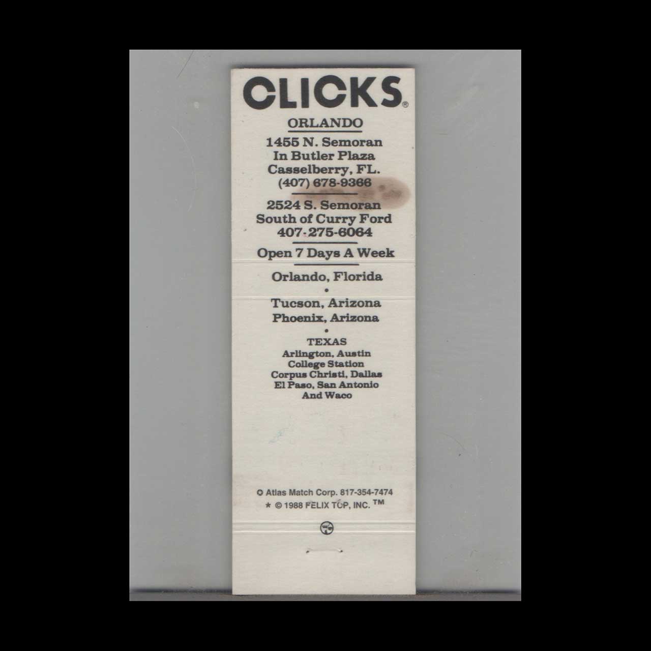 Matchbook Cover Clicks Night Club Casselberry FL Matchbook Cover Clicks Night Club Casselberry FL