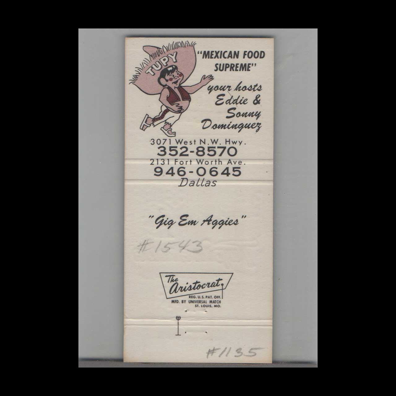Tupinamba Mexican Restaurant Dallas Matchbook Cover Tupinamba Mexican Restaurant Dallas Matchbook Cover