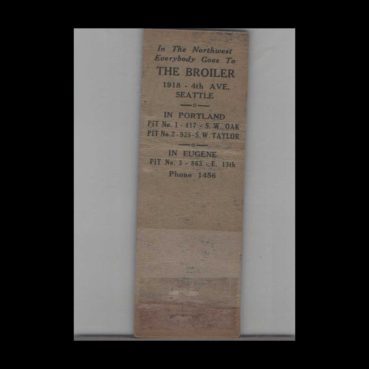 The Broiler Barbecued Crab Matchbook Cover Portland OR The Broiler Barbecued Crab Matchbook Cover Portland OR