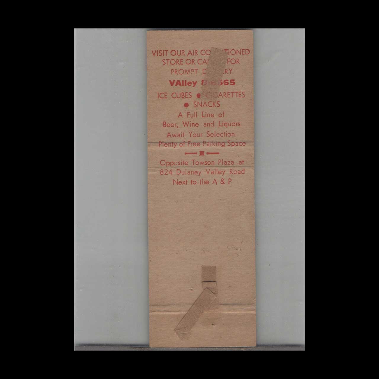 Dulaney Plaza Liquors Matchbook Cover Towson MD Dulaney Plaza Liquors Matchbook Cover Towson MD