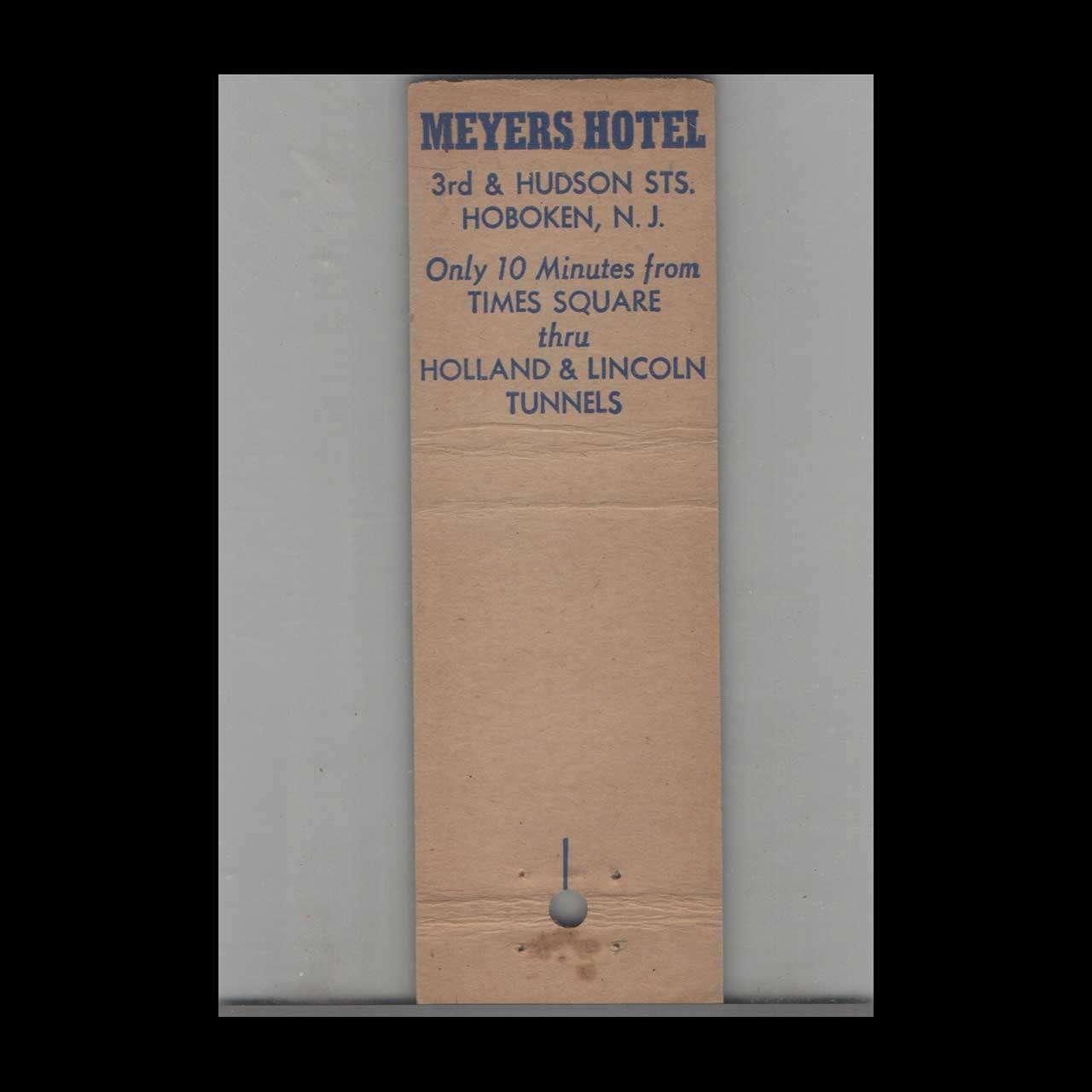 Matchbook Cover Myers Hotel Hoboken NJ Matchbook Cover Myers Hotel Hoboken NJ