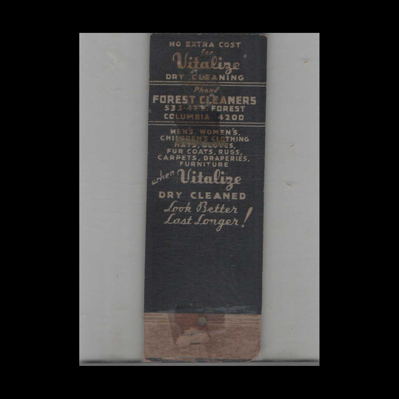 Vitalize Dry Cleaning Matchbook Cover Columbia 4200 Vitalize Dry Cleaning Matchbook Cover Columbia 4200