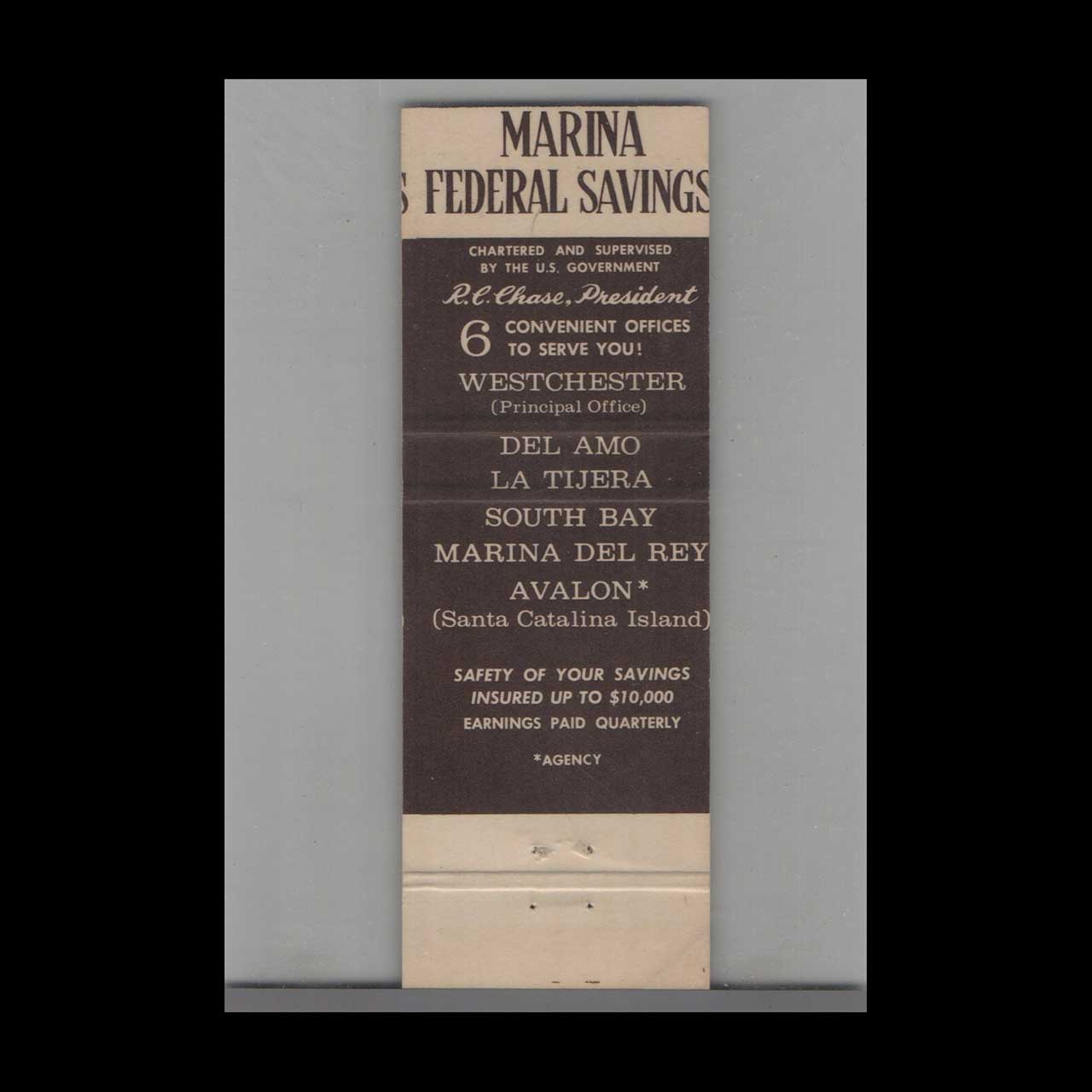 Matchbook Cover Marina Federal Savings Marina Del Ray CA Matchbook Cover Marina Federal Savings Marina Del Ray CA