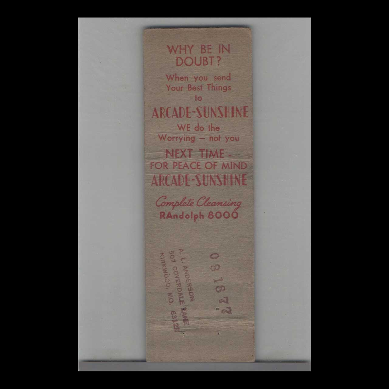 Arcade Sunshine Laundry Matchbook Cover Kirkwood MO Arcade Sunshine Laundry Matchbook Cover Kirkwood MO