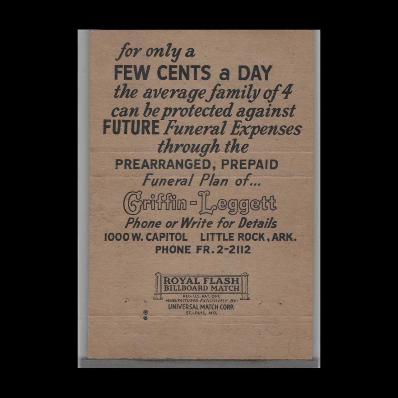 Matchbook Cover Full Length Prearranged Prepaid Funeral Plan Griffin Leggett Matchbook Cover Full Length Prearranged Prepaid Funeral Plan Griffin Leggett