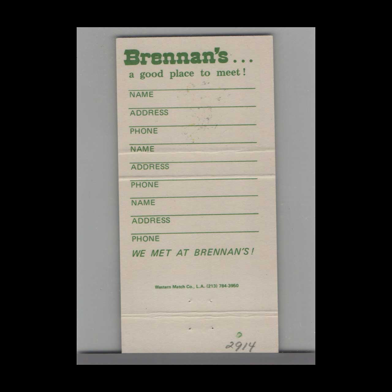 Brennans Marina Del Rey Matchbook Cover Brennans Marina Del Rey Matchbook Cover