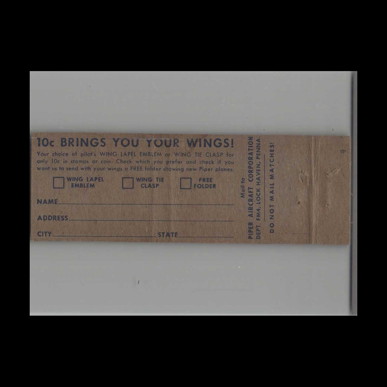 Piper Points To Wings Free Flying Course Matchbook Cover Piper Points To Wings Free Flying Course Matchbook Cover