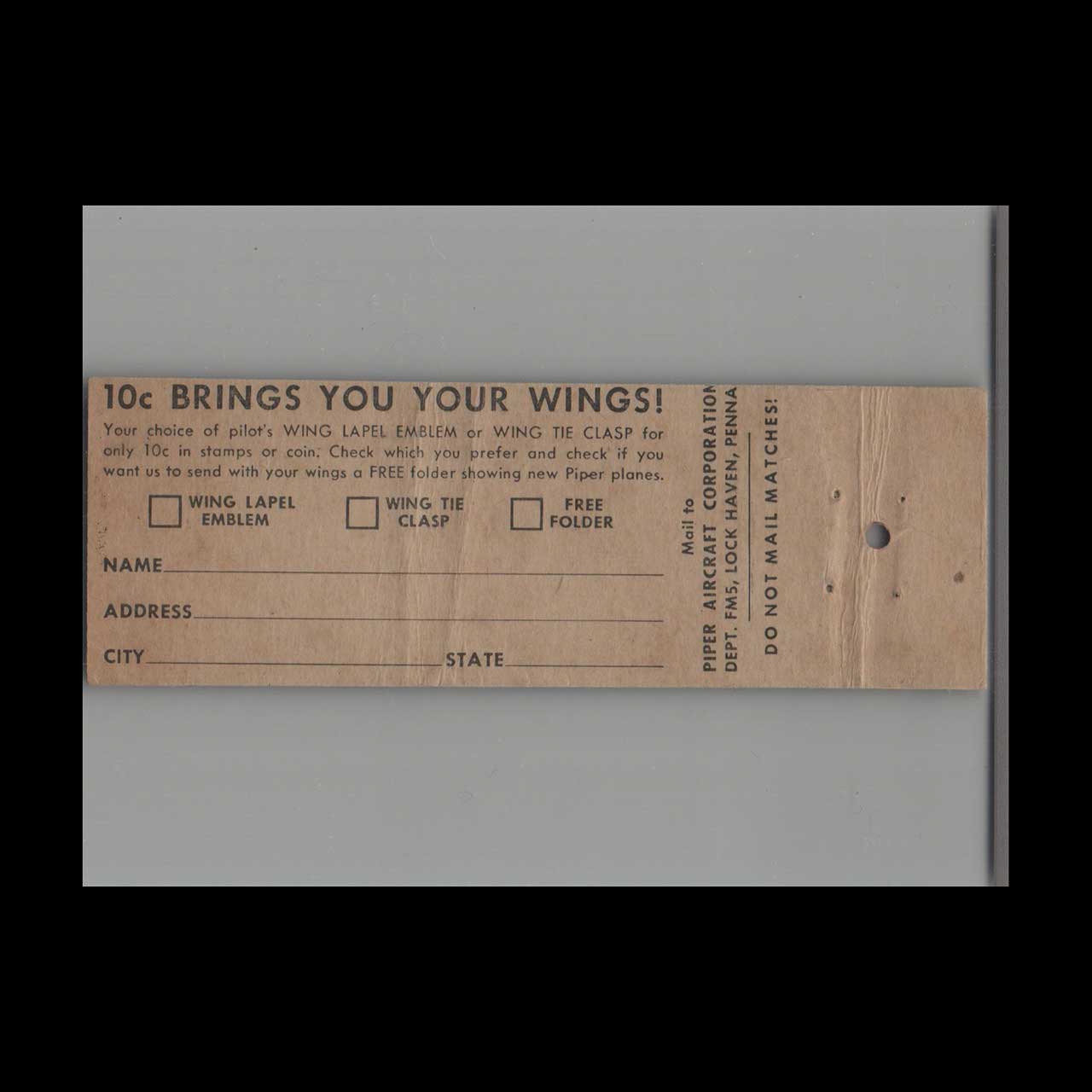 Piper Points to Low Cost Flying Matchbook Cover Piper Points to Low Cost Flying Matchbook Cover