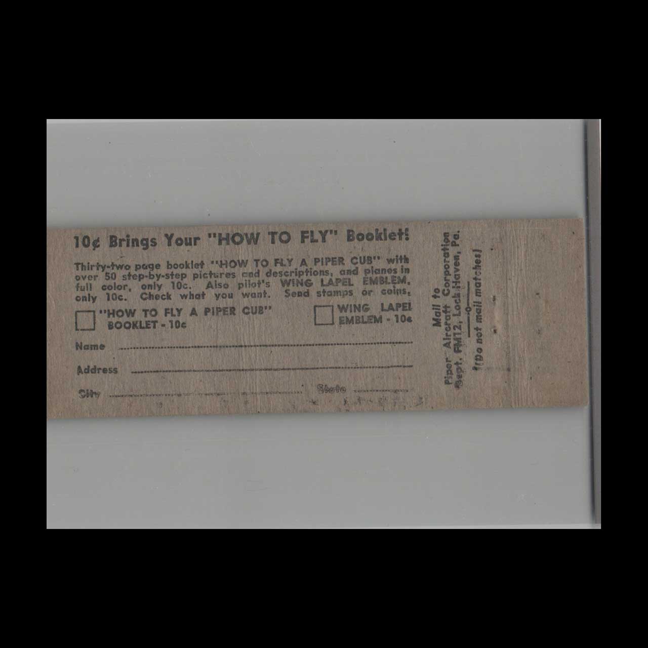Piper Cut Matchbook Cover Affordable Safe Plane Flyer Piper Cut Matchbook Cover Affordable Safe Plane Flyer