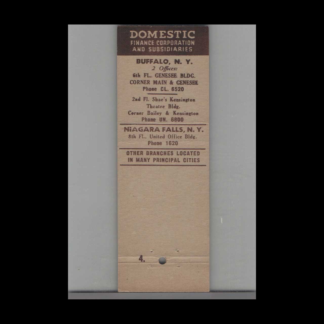 Matchbook Cover Domestic Finance Niagara Falls NY Matchbook Cover Domestic Finance Niagara Falls NY