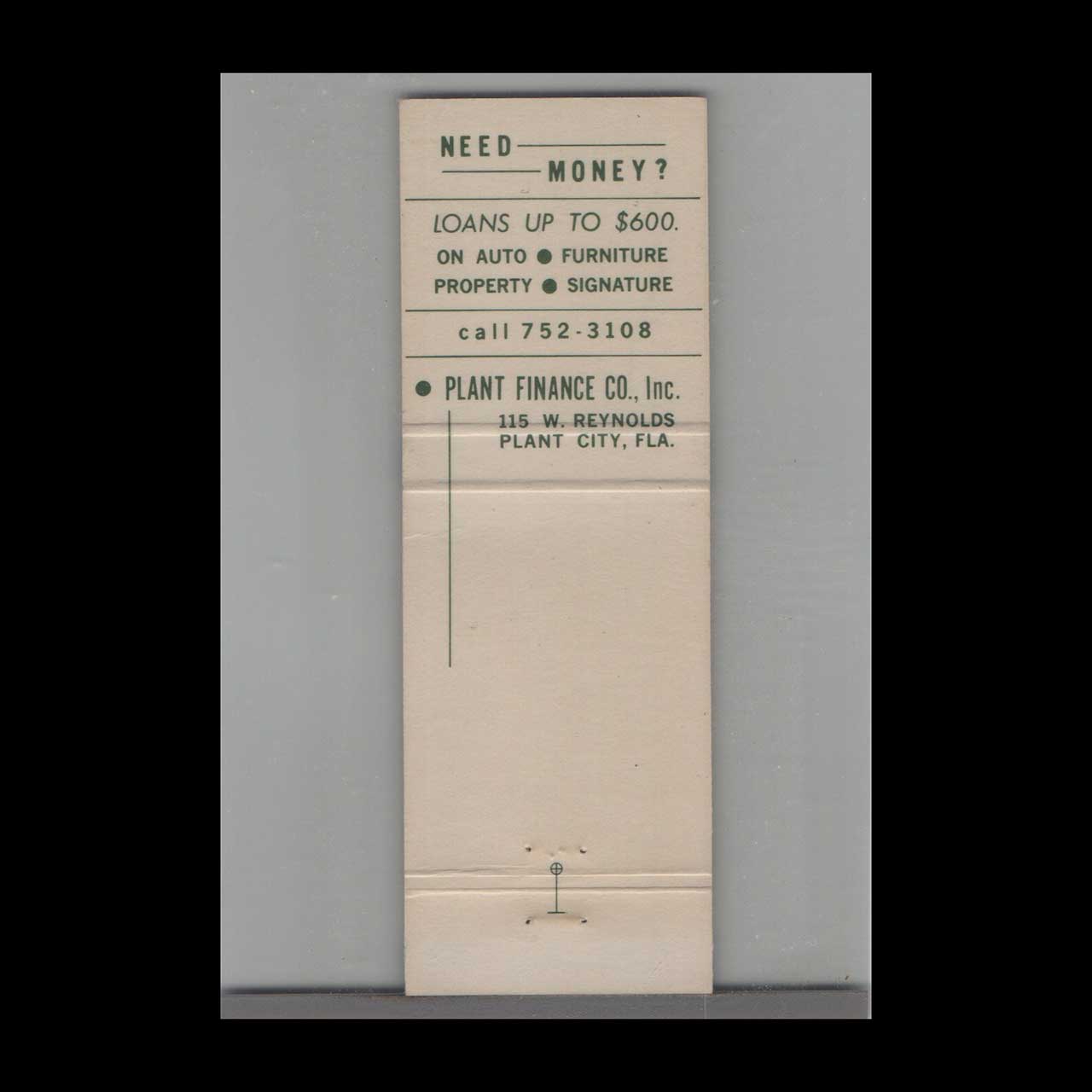 Matchbook Cover Plant City Finance Co Plant City FL Matchbook Cover Plant City Finance Co Plant City FL