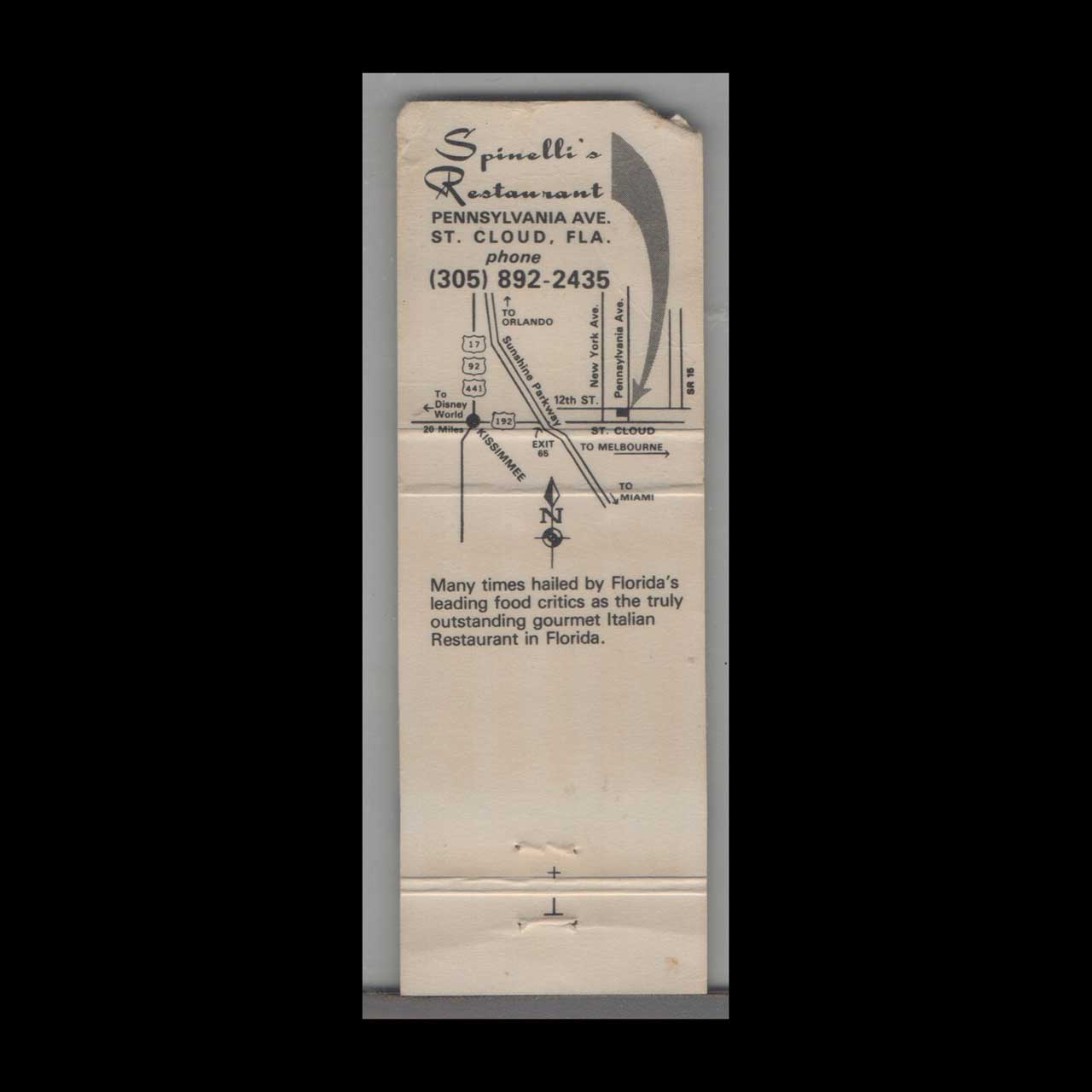 Matchbook Cover Florida Spinellis Restaurant St Cloud FL Matchbook Cover Florida Spinellis Restaurant St Cloud FL